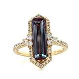 14K Yellow Gold 3.08CT Elongated Emerald-Cut North-South Created Alexandrite and 0.49 Carat Total Weight Diamond Halo Ring