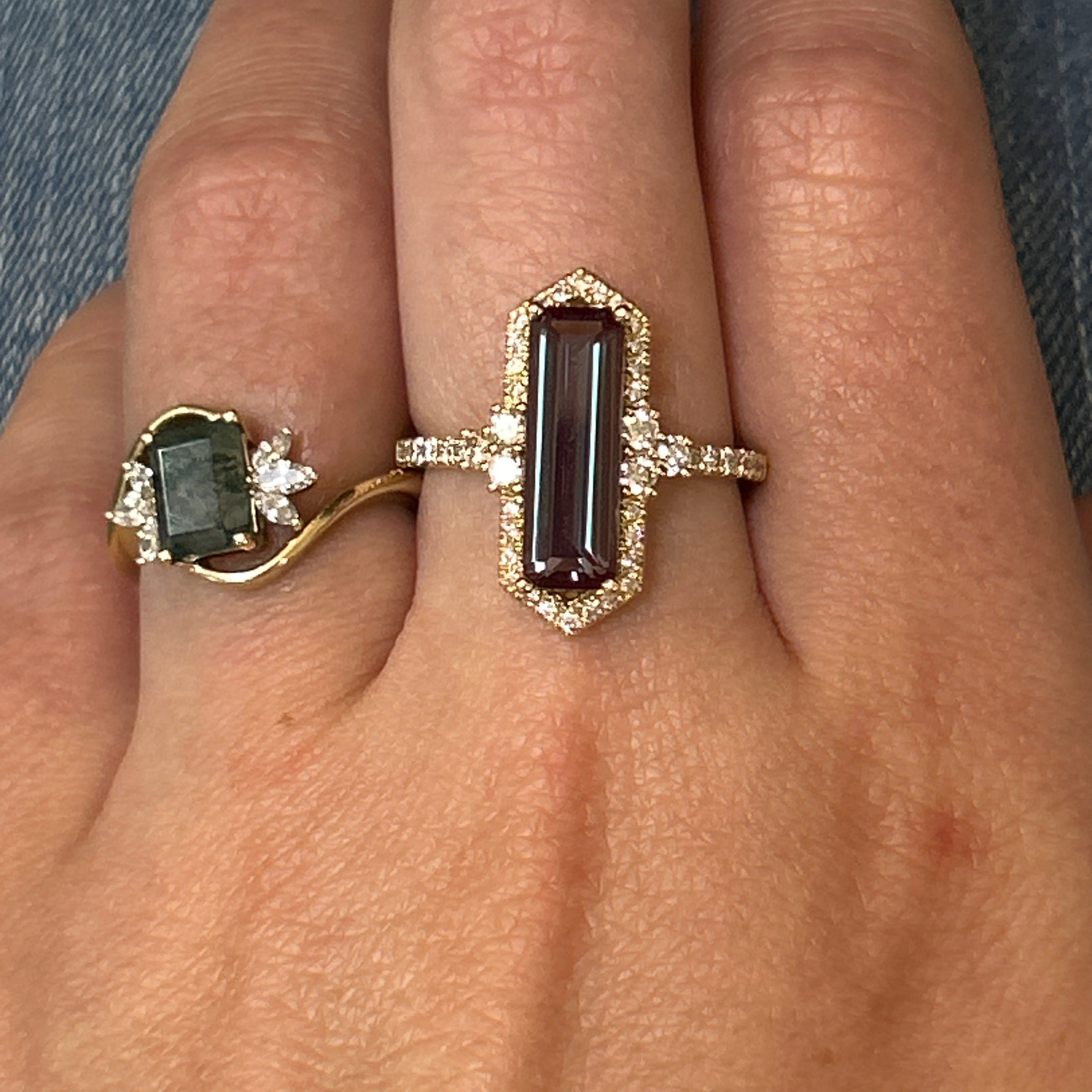 14K Yellow Gold 3.08CT Elongated Emerald-Cut North-South Created Alexandrite and 0.49 Carat Total Weight Diamond Halo Ring
