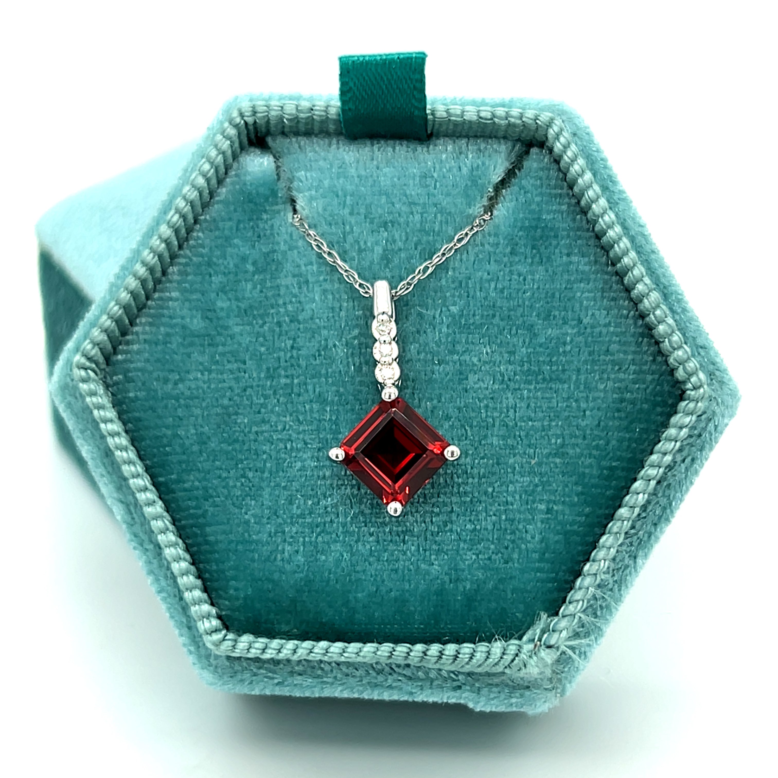 14K White Gold 1.80CT 7mm Garnet and 0.02 Carat Total Weight (3) Round Diamond Pendant