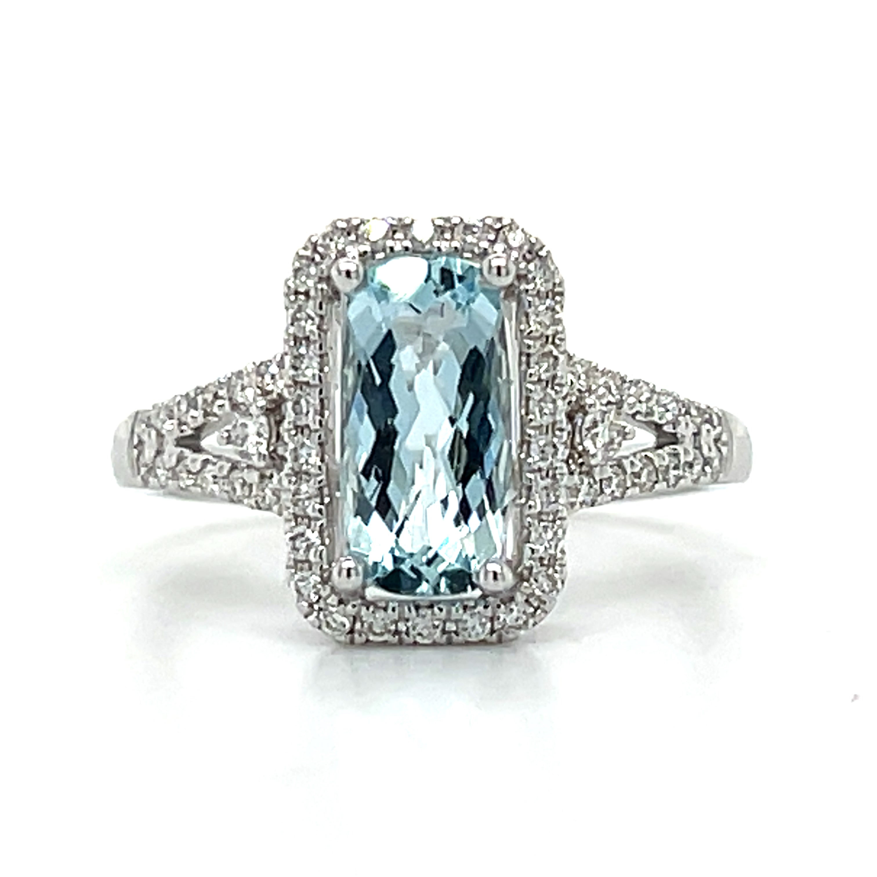 14K White Gold 1.32CT Cushion Cut Aquamarine and 0.293 Carat Total Weight (52) Diamond Split Band Ring