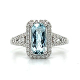 14K White Gold 1.32CT Cushion Cut Aquamarine and 0.293 Carat Total Weight (52) Diamond Split Band Ring