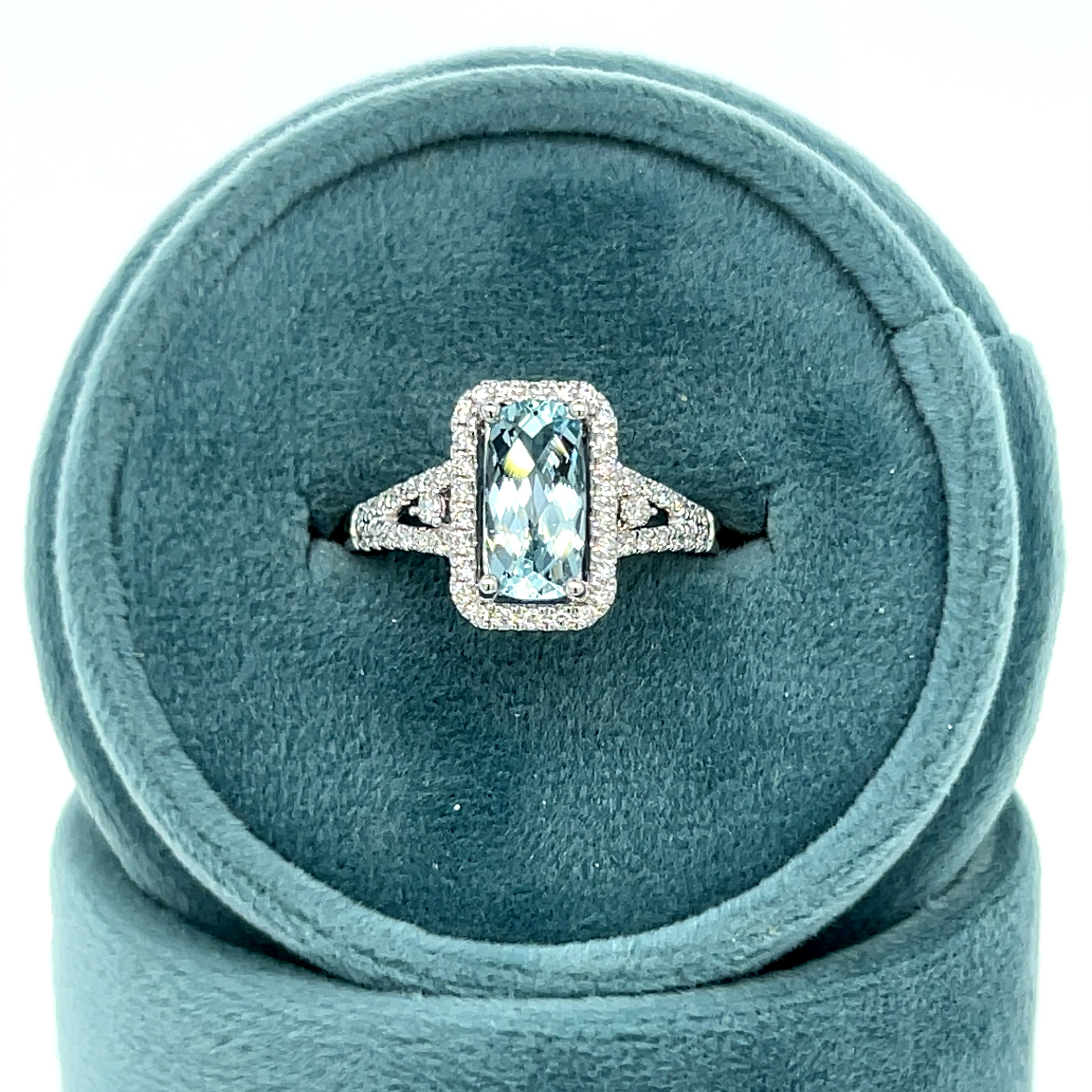 14K White Gold 1.32CT Cushion Cut Aquamarine and 0.293 Carat Total Weight (52) Diamond Split Band Ring