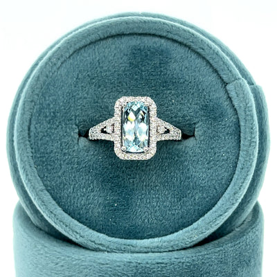 14K White Gold 1.32CT Cushion Cut Aquamarine and 0.293 Carat Total Weight (52) Diamond Split Band Ring
