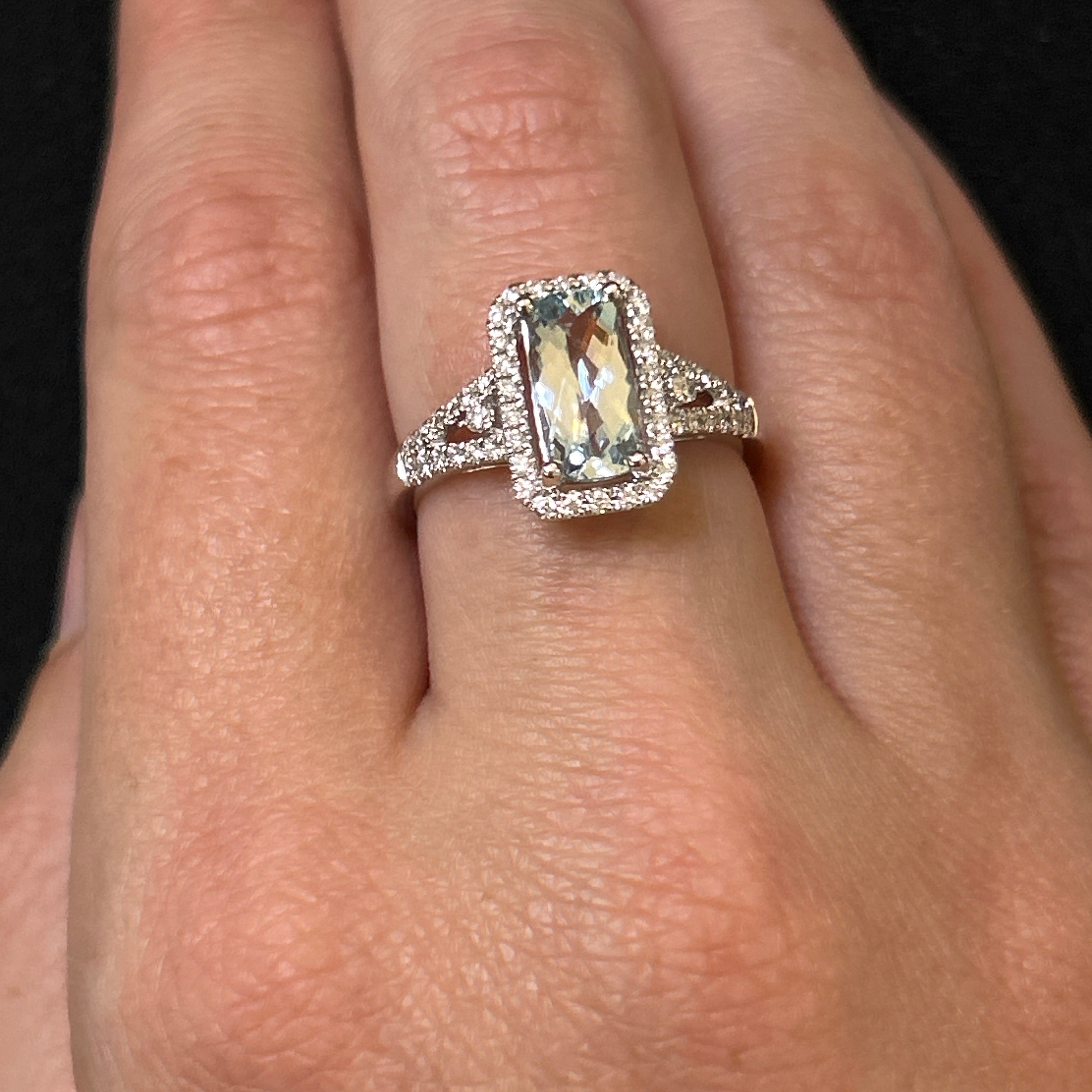 14K White Gold 1.32CT Cushion Cut Aquamarine and 0.293 Carat Total Weight (52) Diamond Split Band Ring