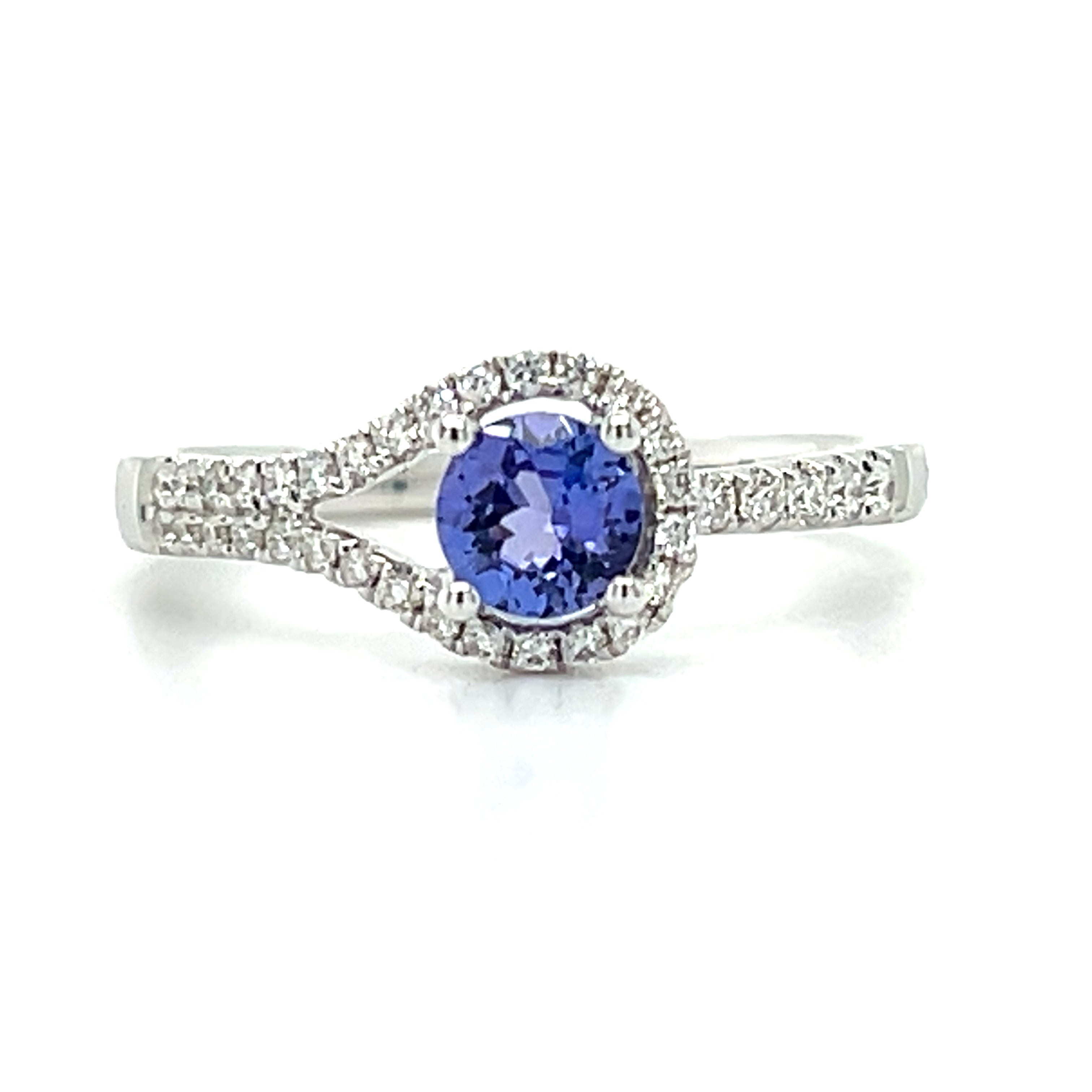 14K White Gold 0.77CT Round Tanzanite and 0.208 Carat Total Weight Diamond Asymmetrical Double-Band Ring