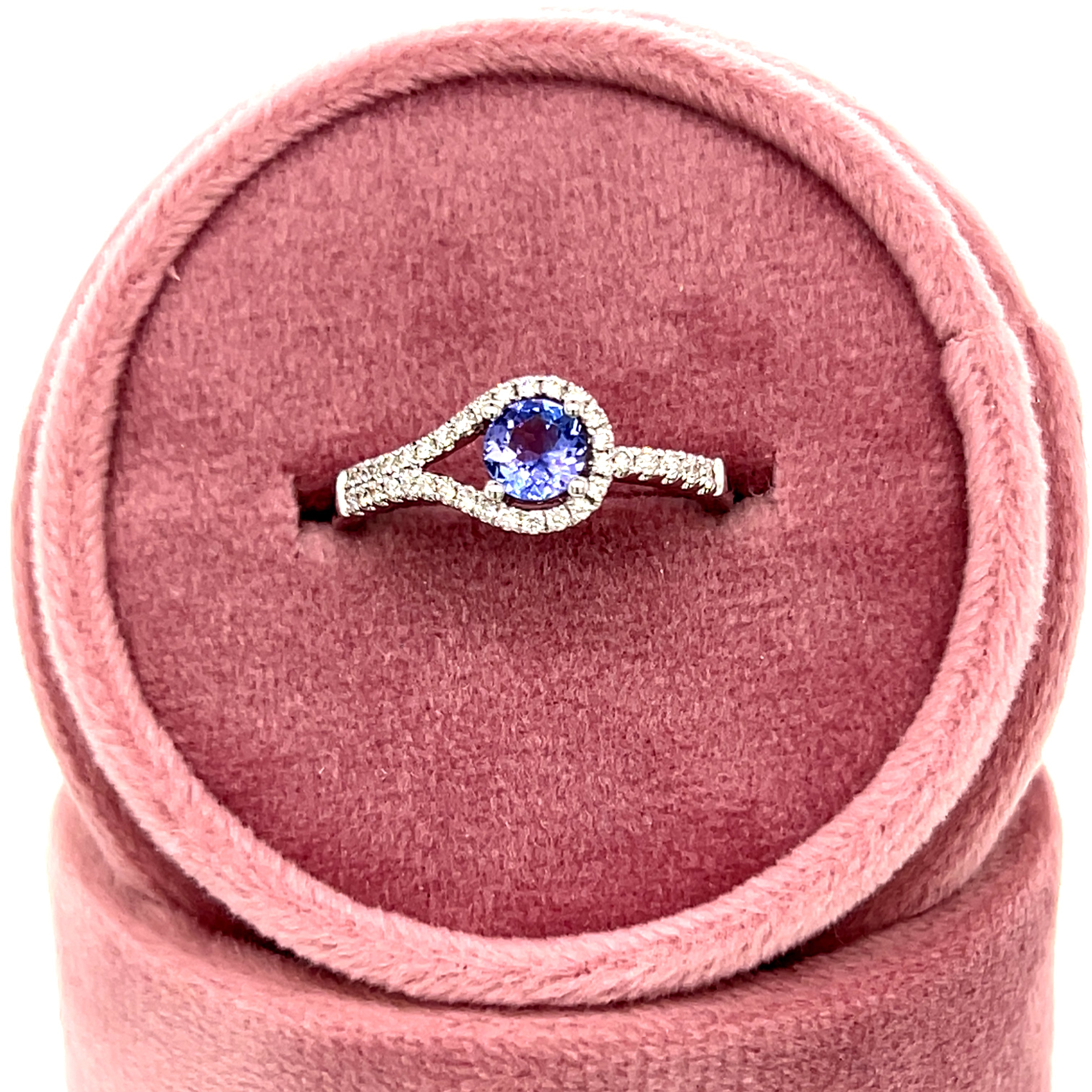 14K White Gold 0.77CT Round Tanzanite and 0.208 Carat Total Weight Diamond Asymmetrical Double-Band Ring