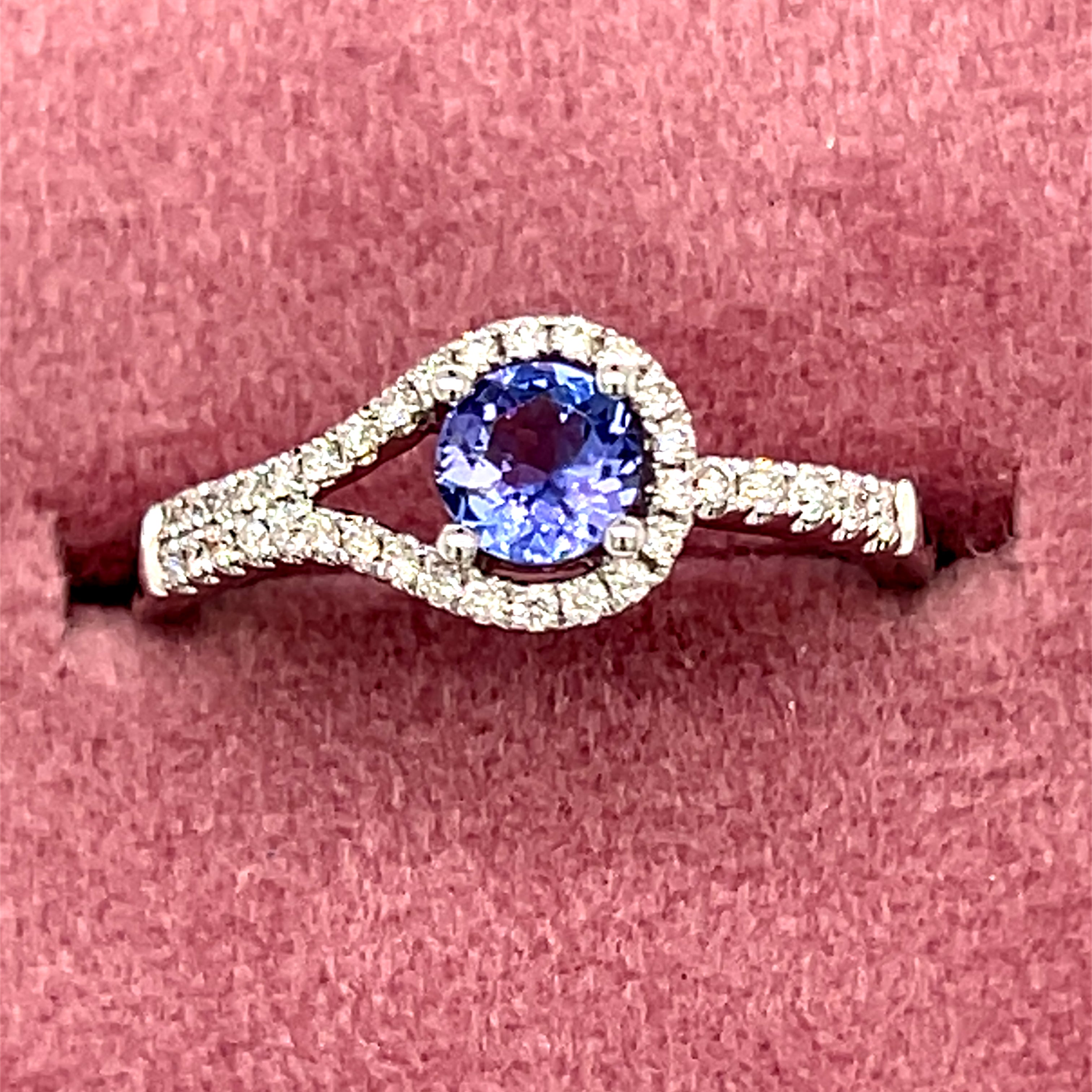 14K White Gold 0.77CT Round Tanzanite and 0.208 Carat Total Weight Diamond Asymmetrical Double-Band Ring
