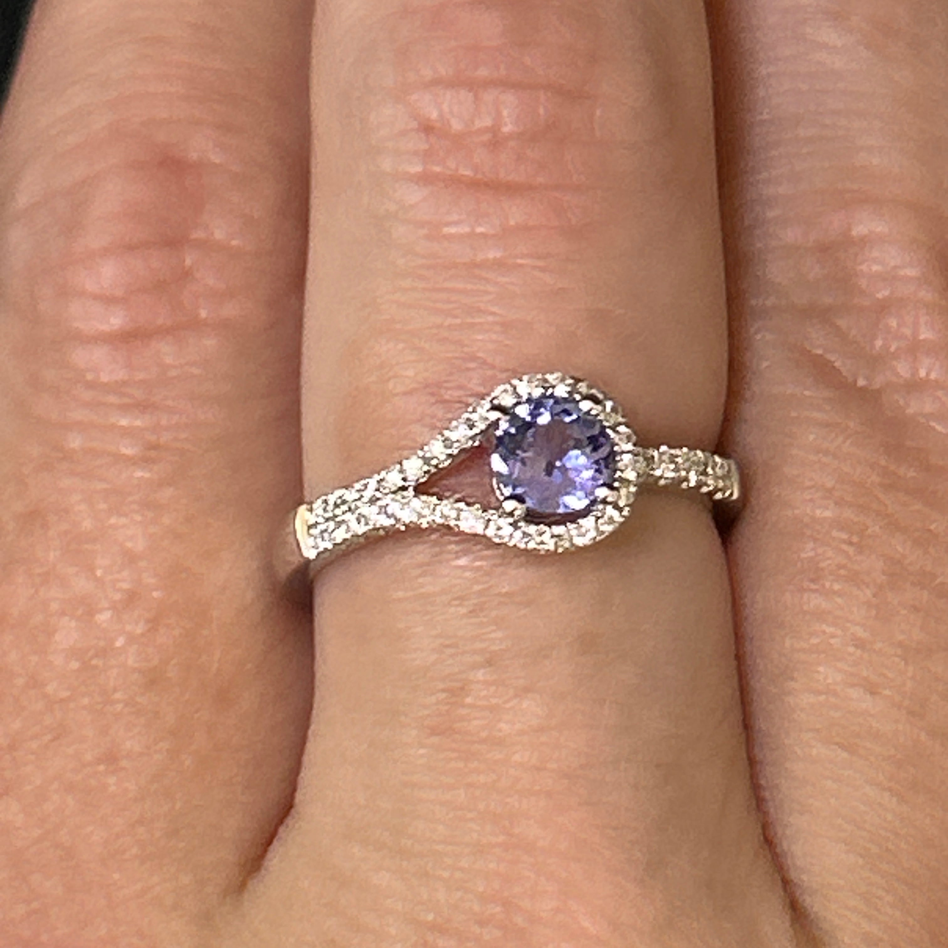 14K White Gold 0.77CT Round Tanzanite and 0.208 Carat Total Weight Diamond Asymmetrical Double-Band Ring