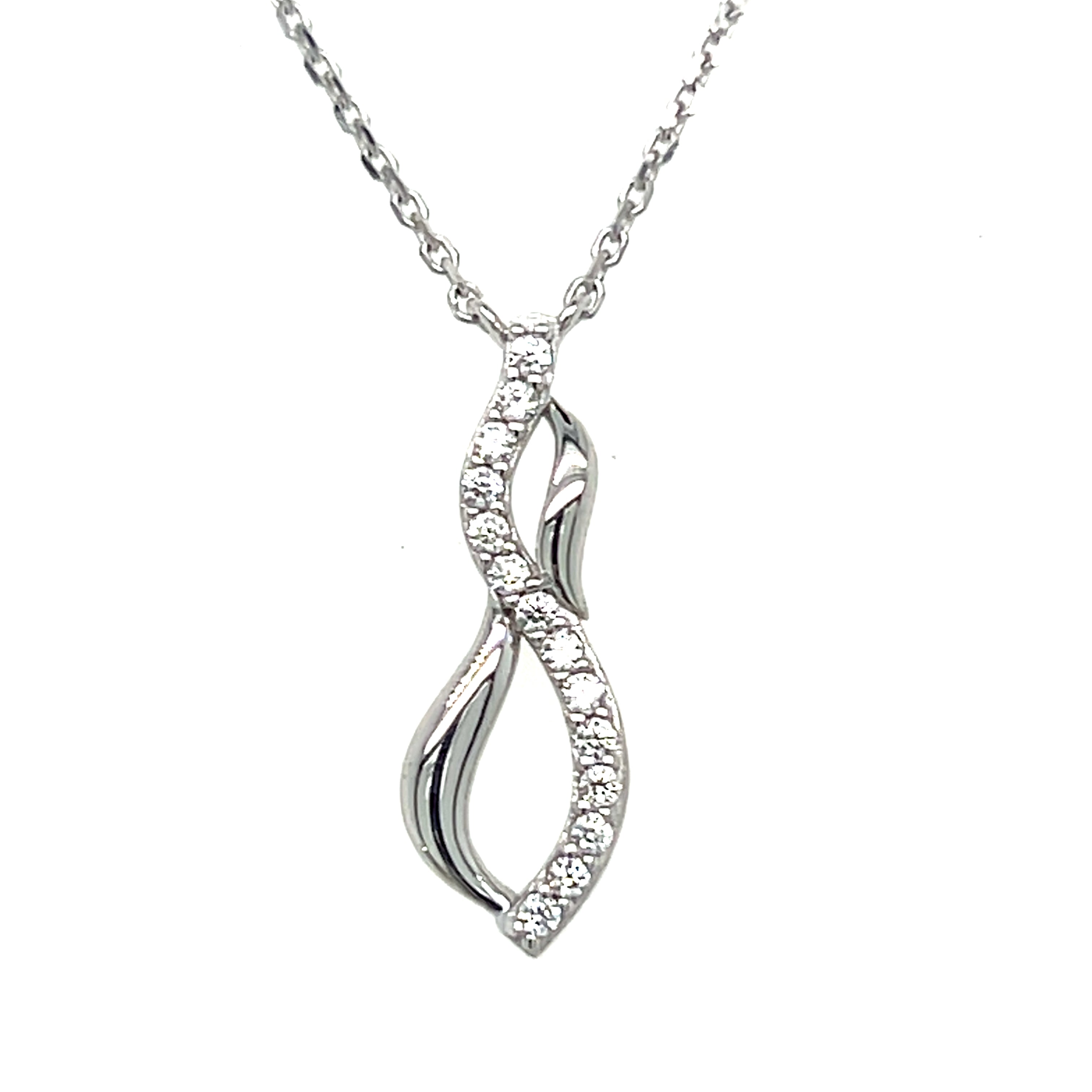 Sterling Silver Double Swirl Plain and Cubic Zirconia Necklace 16+2"