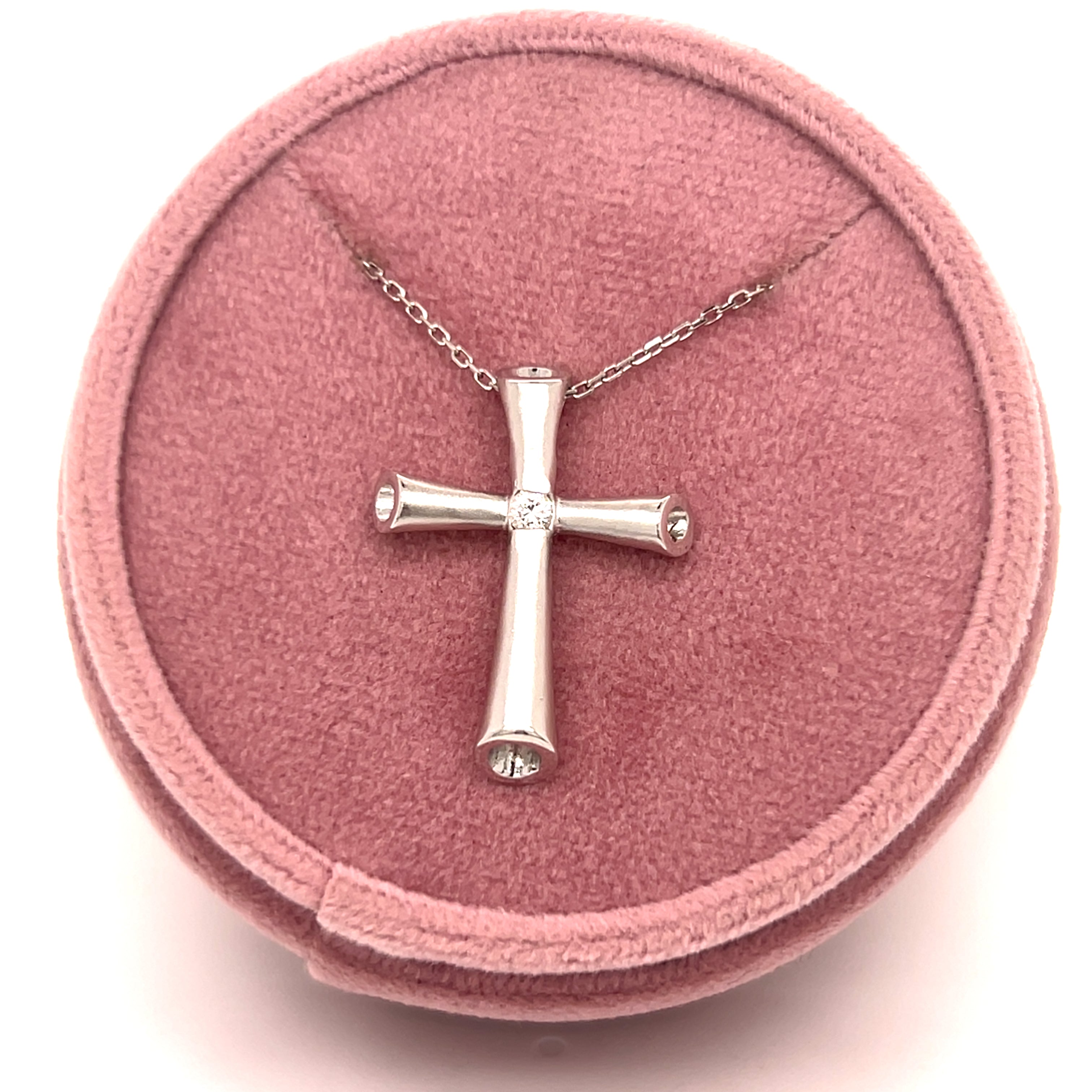 Sterling Silver Modern Matte Finish Cross Pendant Necklace with Cubic Zirconia