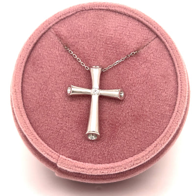 Sterling Silver Modern Matte Finish Cross Pendant Necklace with Cubic Zirconia