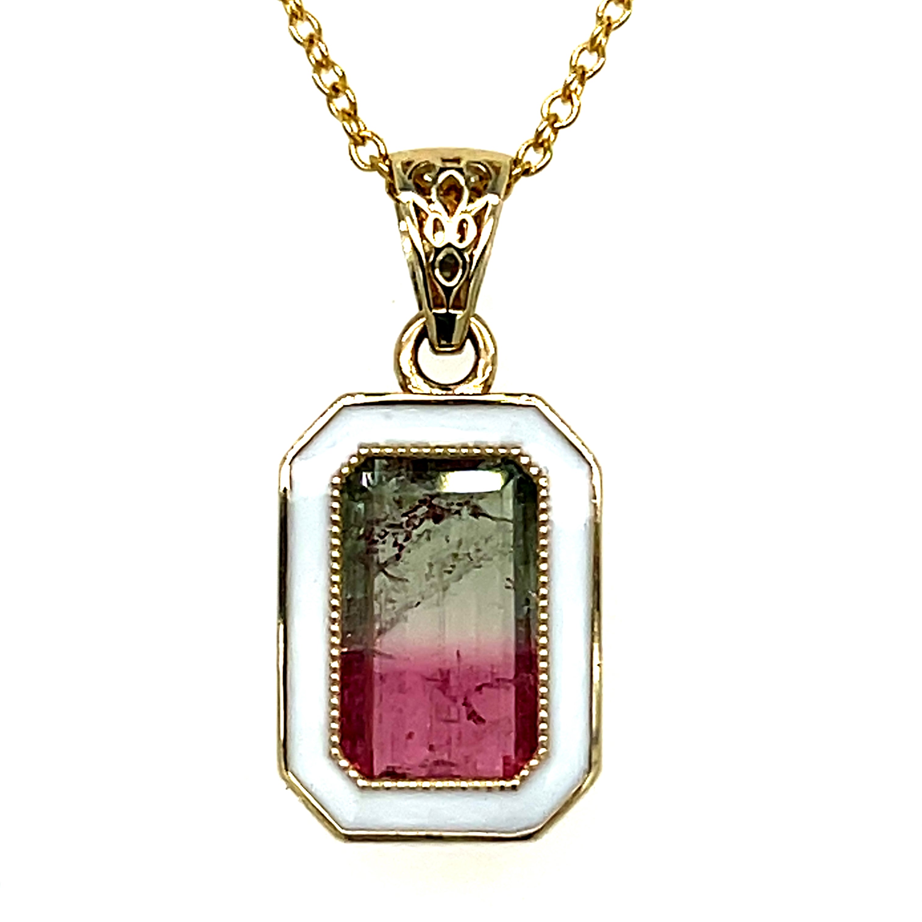 Canvas of Vines – Custom Tourmaline and Enamel Pendant Custom Wright's Jewelry Signature Design by Jennifer Beatty Available online or in store at Wright’s Jewelry, Fallston, NC