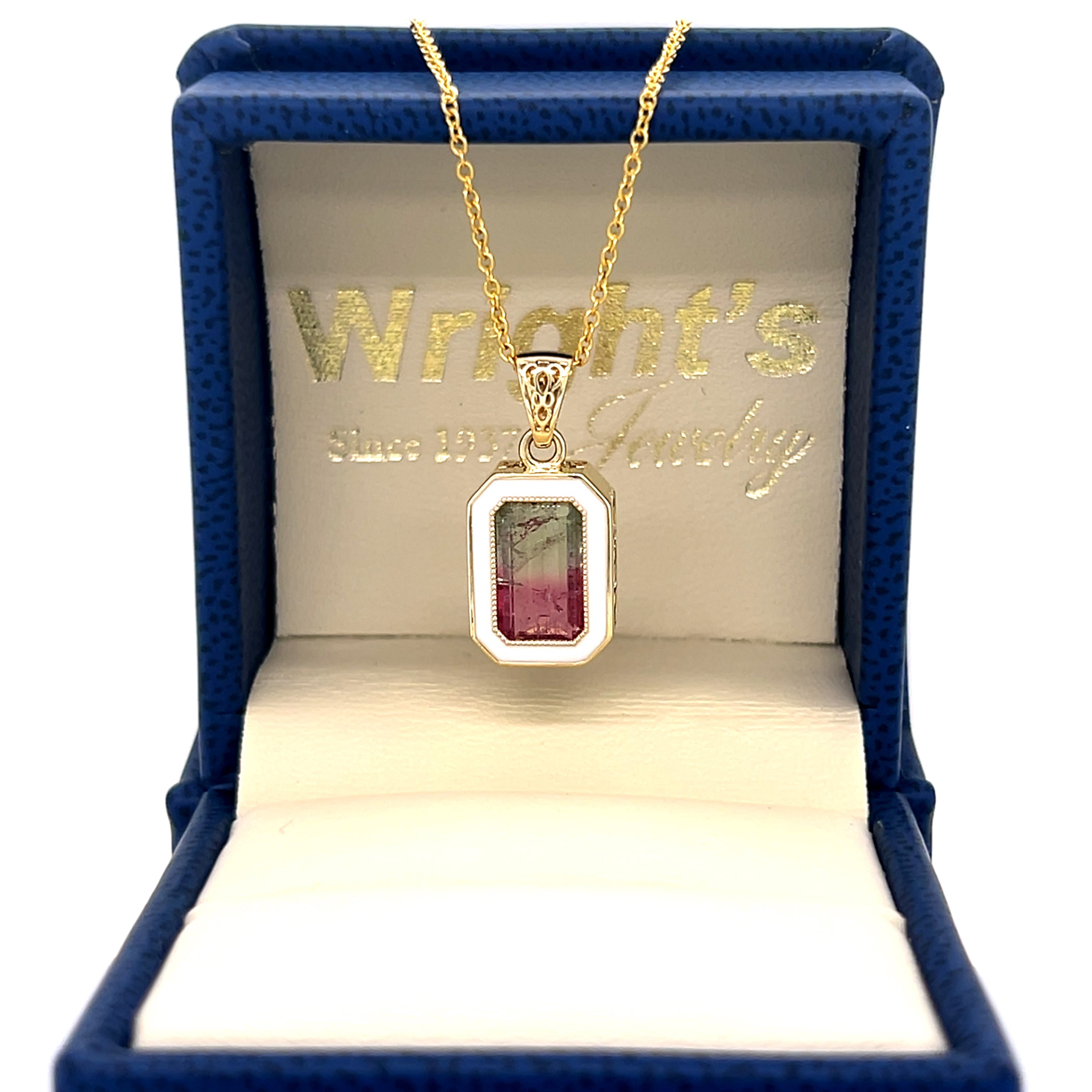 Canvas of Vines – Custom Tourmaline and Enamel Pendant Custom Wright's Jewelry Signature Design by Jennifer Beatty Available online or in store at Wright’s Jewelry, Fallston, NC