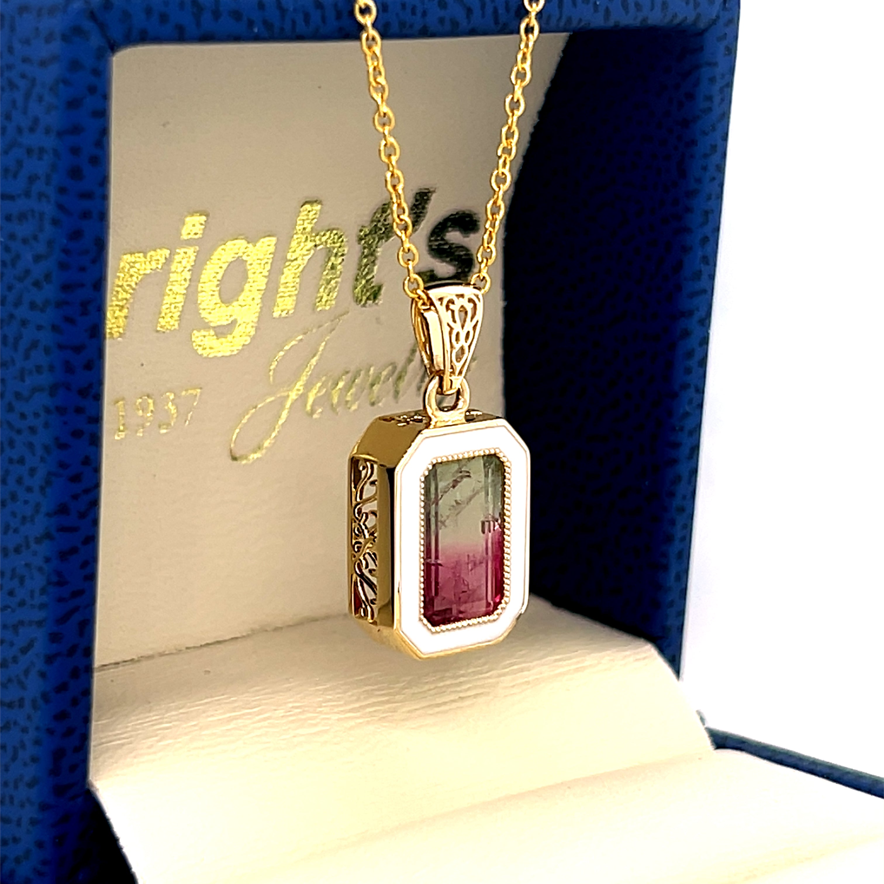 Canvas of Vines – Custom Tourmaline and Enamel Pendant Custom Wright's Jewelry Signature Design by Jennifer Beatty Available online or in store at Wright’s Jewelry, Fallston, NC