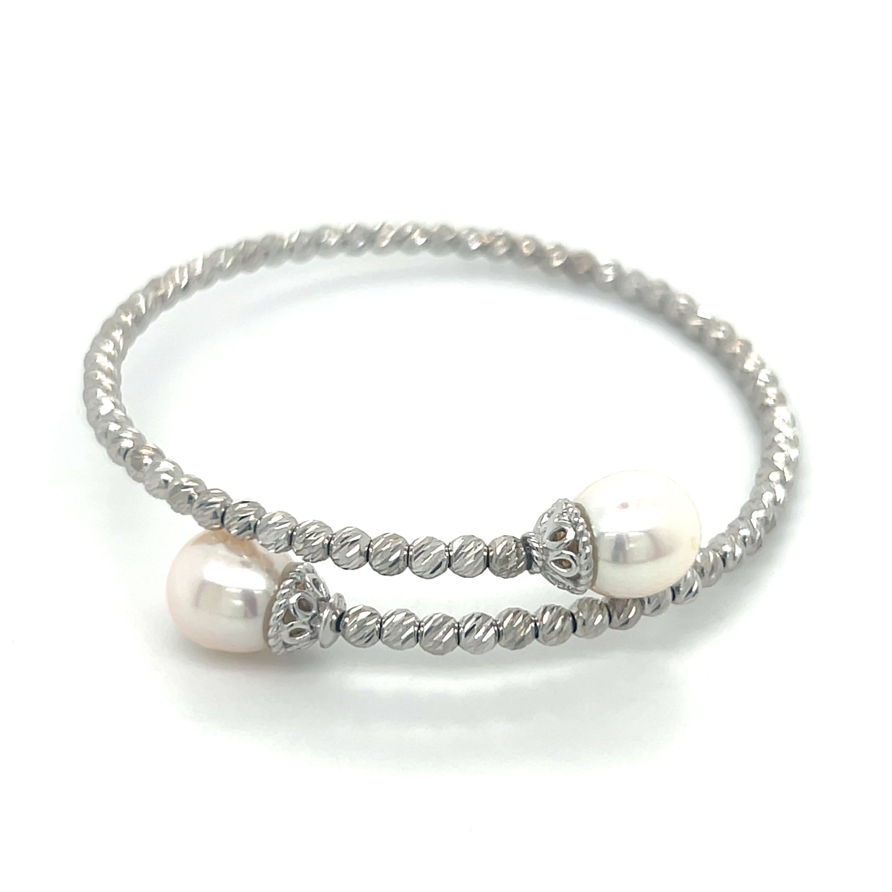 Sterling Silver Rhodium Plated Brilliance Bead and 8-9mm Freshwater Pearl Bracelet 7.5"