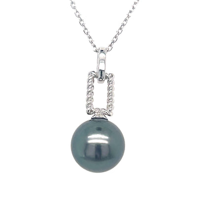 Sterling Silver Rhodium Plated 9-10mm Tahitian Pearl Polished and Twisted Pendant on 16-18" Chain