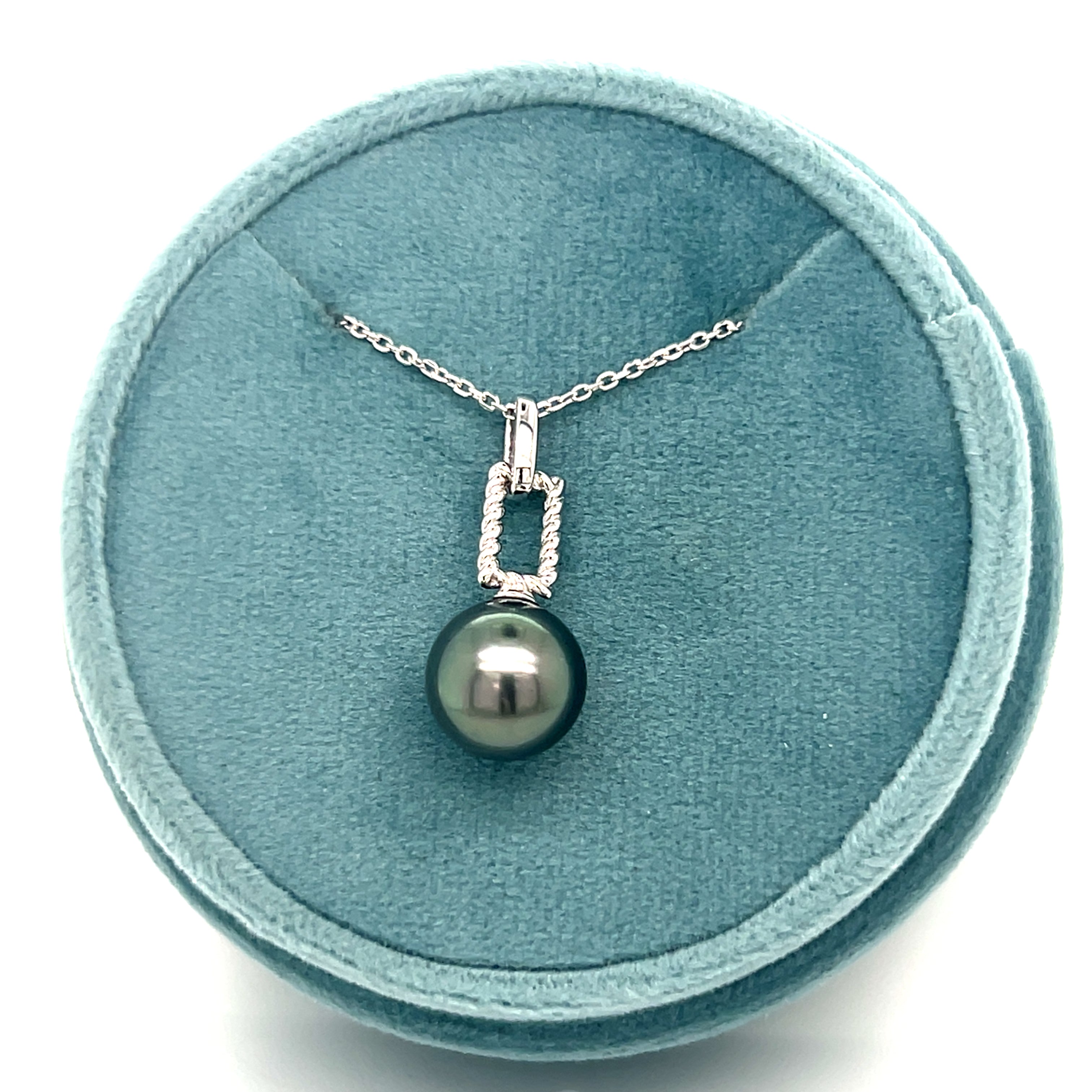 Sterling Silver Rhodium Plated 9-10mm Tahitian Pearl Polished and Twisted Pendant on 16-18" Chain