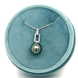 Sterling Silver Rhodium Plated 9-10mm Tahitian Pearl Polished and Twisted Pendant on 16-18" Chain
