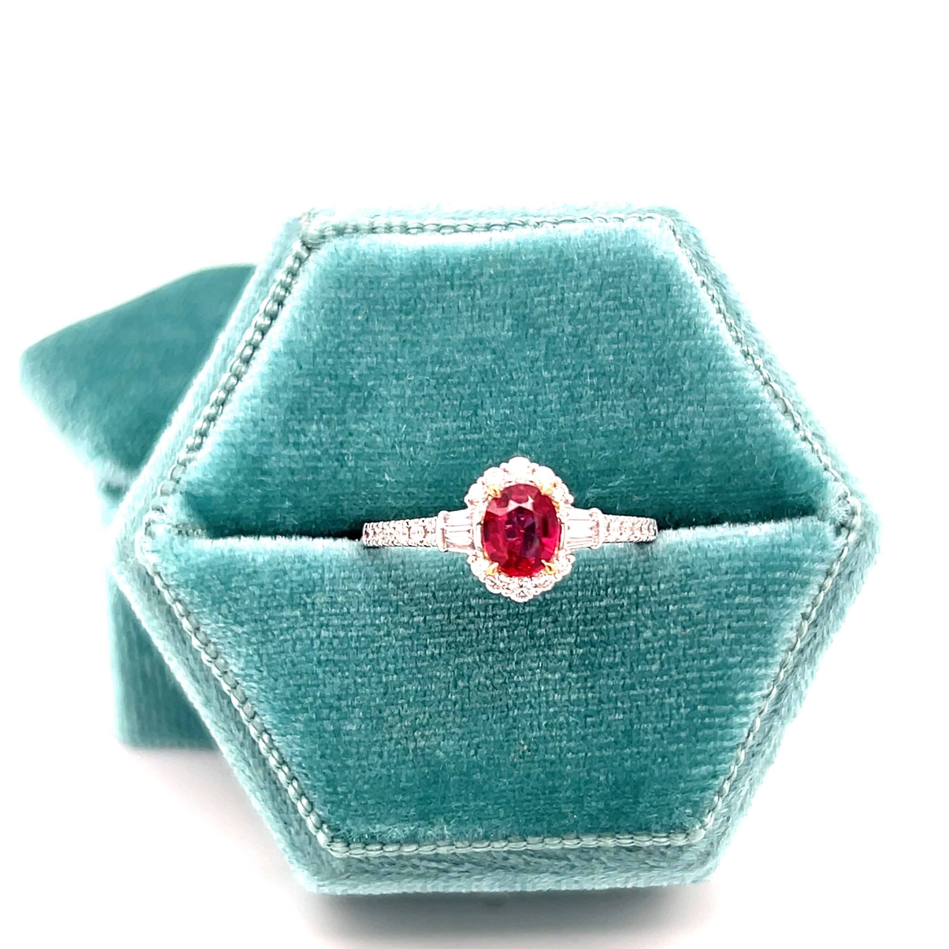 18K Yellow and White Gold 0.61CT Oval Ruby, 0.31 Carat Total Weight Round Diamond and  Baguette Diamond Fashion Ring