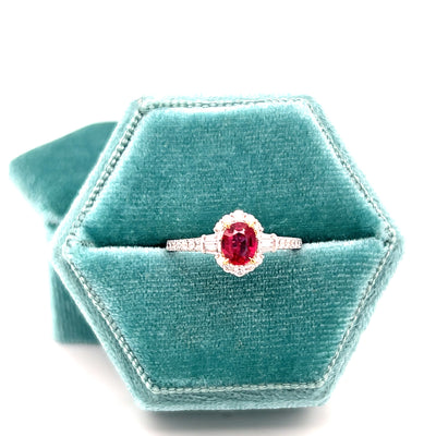 18K Yellow and White Gold 0.61CT Oval Ruby, 0.31 Carat Total Weight Round Diamond and  Baguette Diamond Fashion Ring