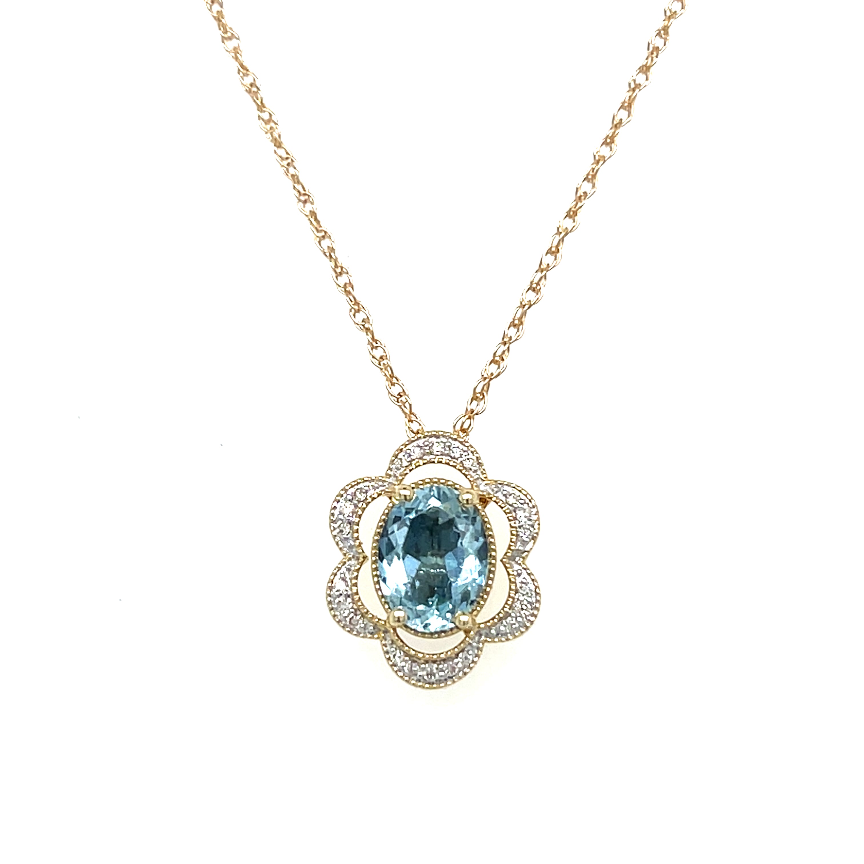 14K Yellow and White Gold 1.081CT Oval Aquamarine and 0.082 Carat Total Weight Flower Pattern Diamond Pendant