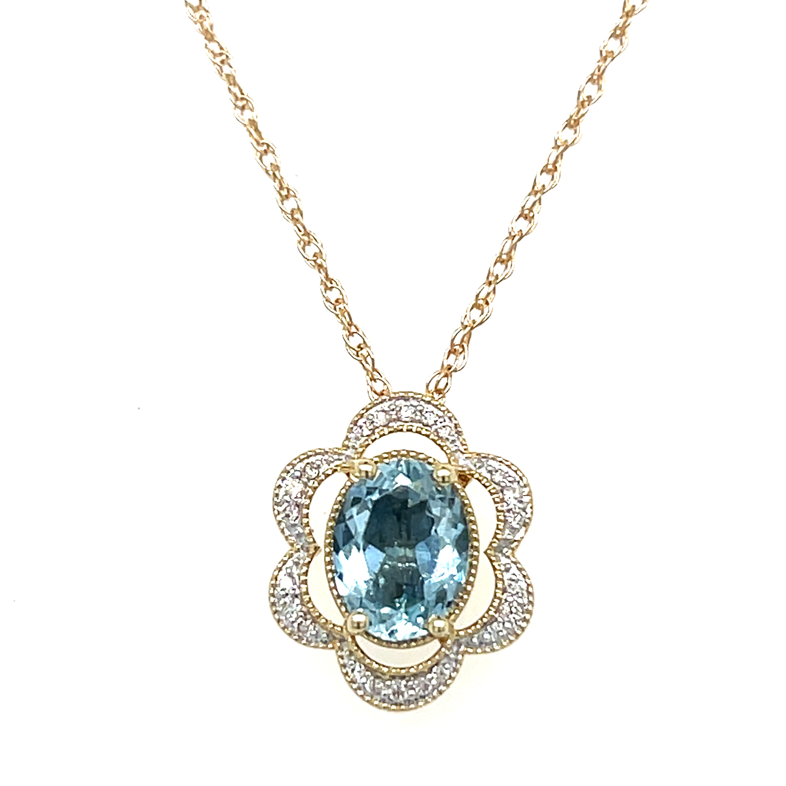 14K Yellow and White Gold 1.081CT Oval Aquamarine and 0.082 Carat Total Weight Flower Pattern Diamond Pendant
