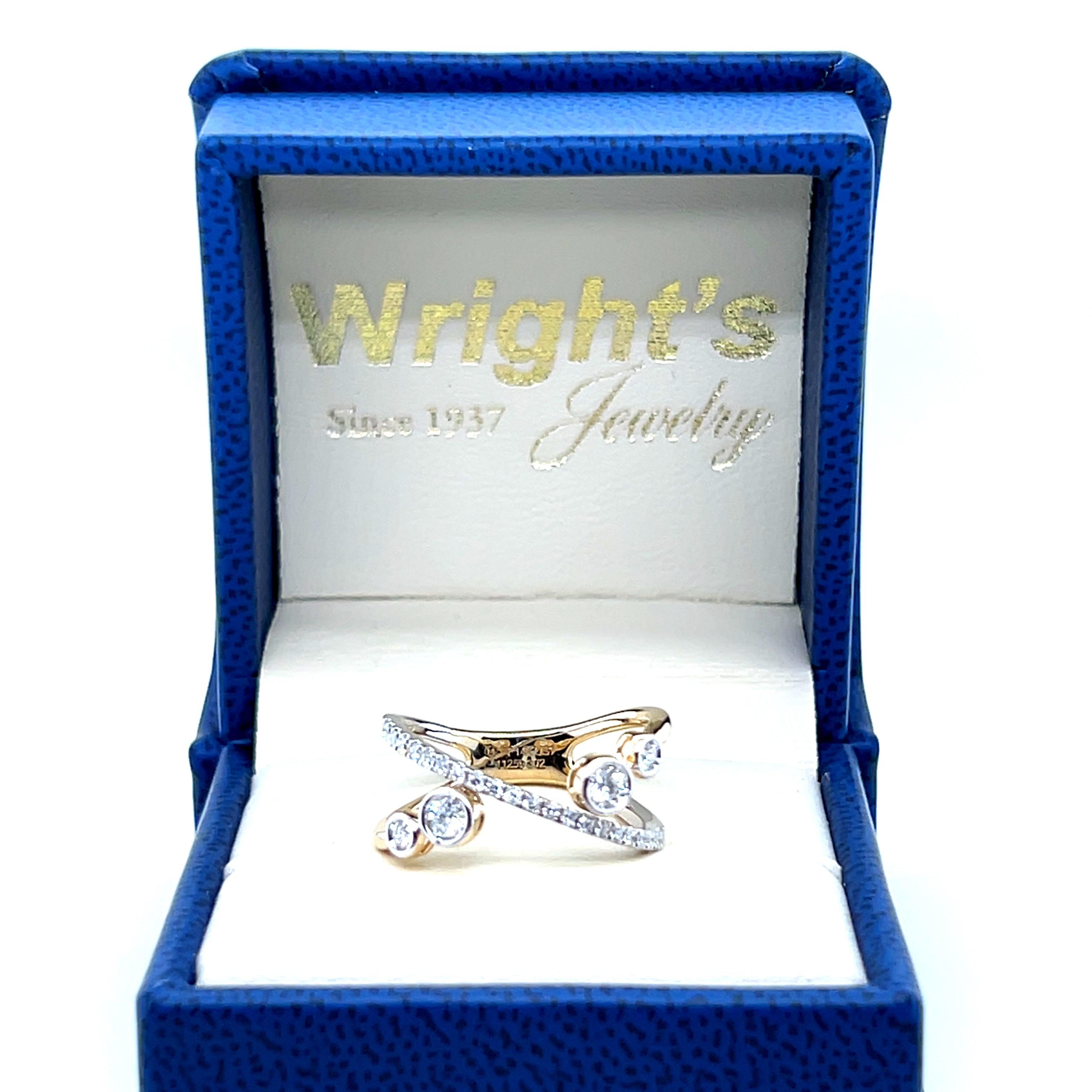 14K Yellow and White Gold 0.20 Carat Total Weight Diamond Criss Cross Fashion Band Ring