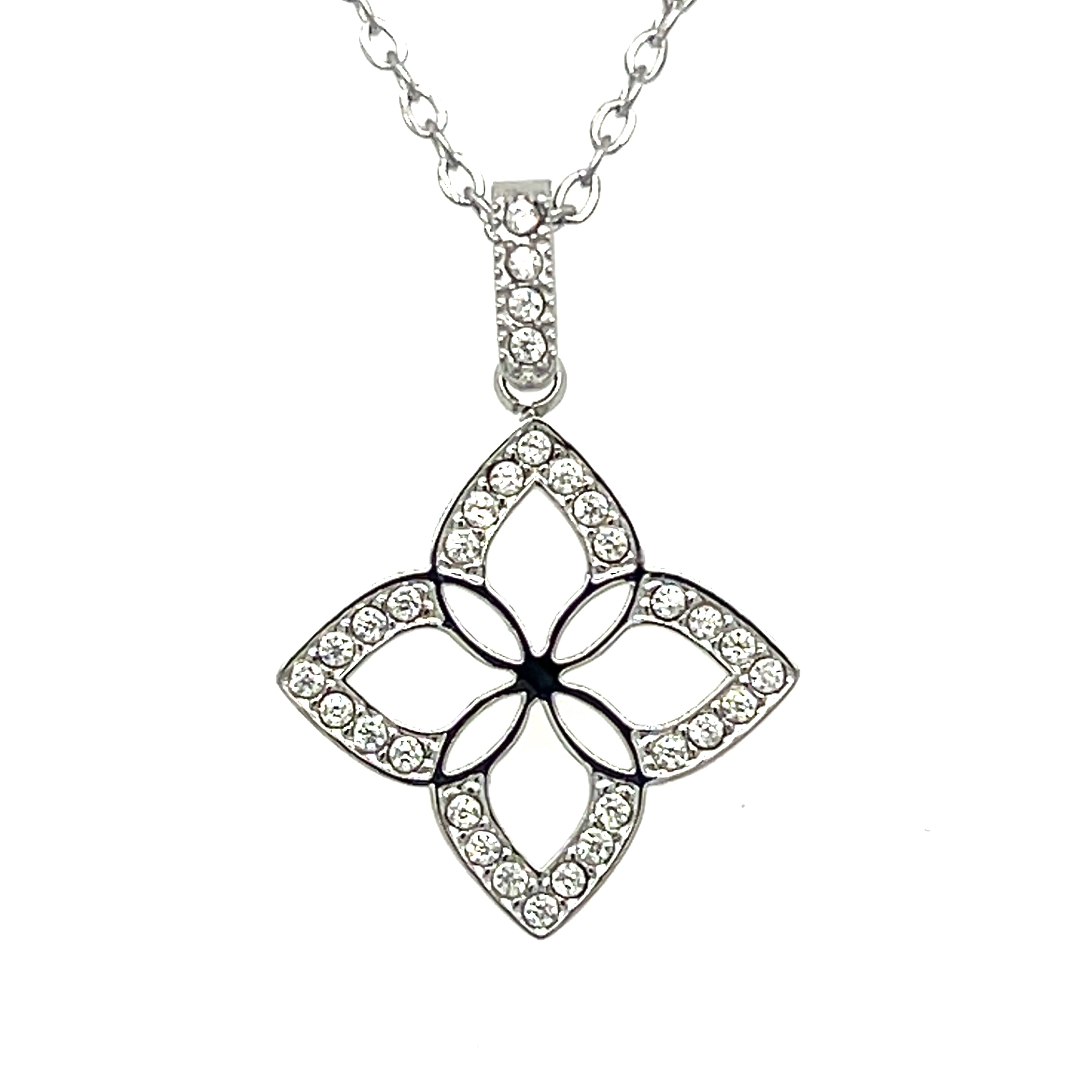 Stainless Steel White Cubic Zirconia Lucky Flower Necklace 16+2"