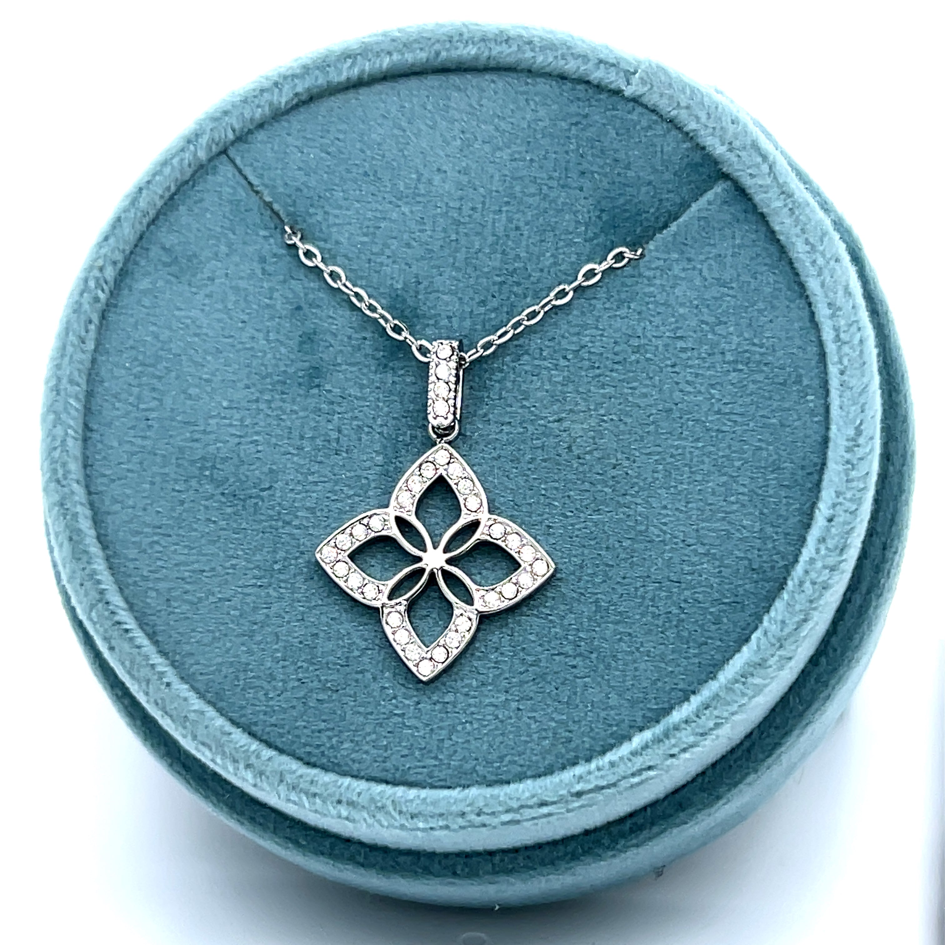 Stainless Steel White Cubic Zirconia Lucky Flower Necklace 16+2"