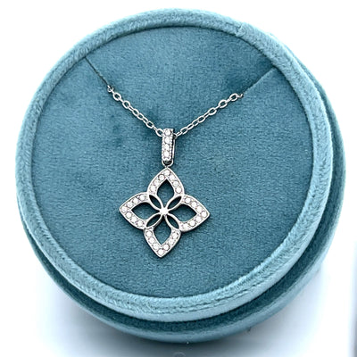 Stainless Steel White Cubic Zirconia Lucky Flower Necklace 16+2"