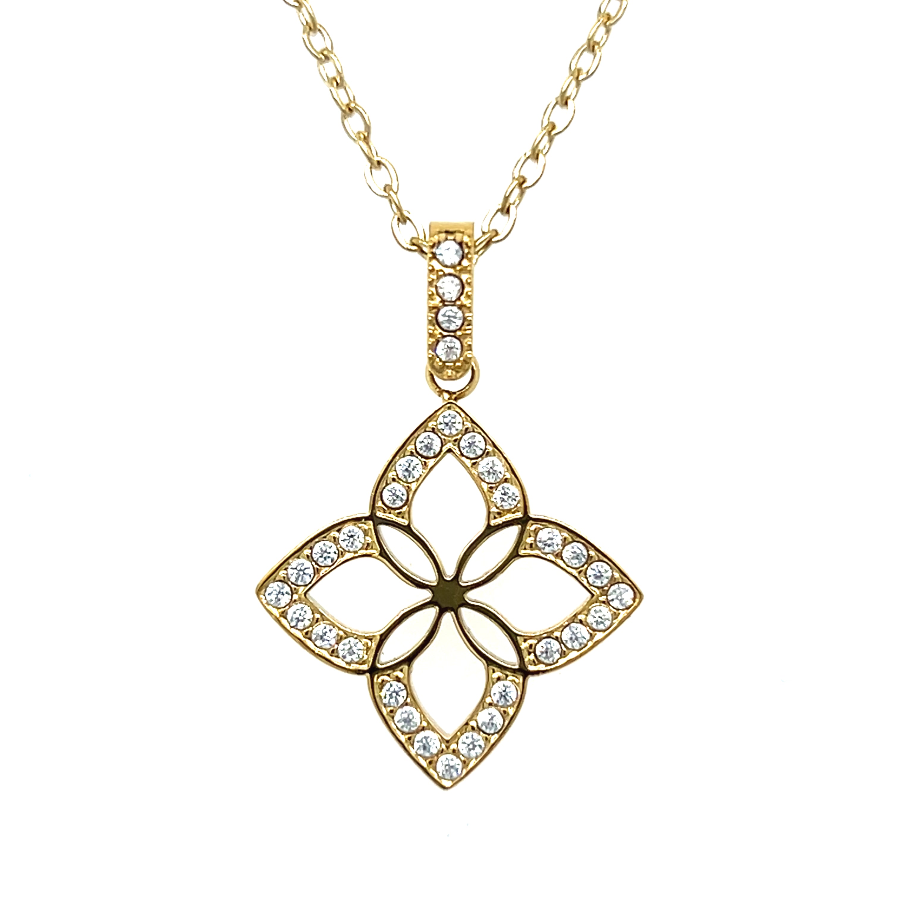 Stainless Steel Gold Plated White Cubic Zirconia Lucky Flower Necklace 16+2"