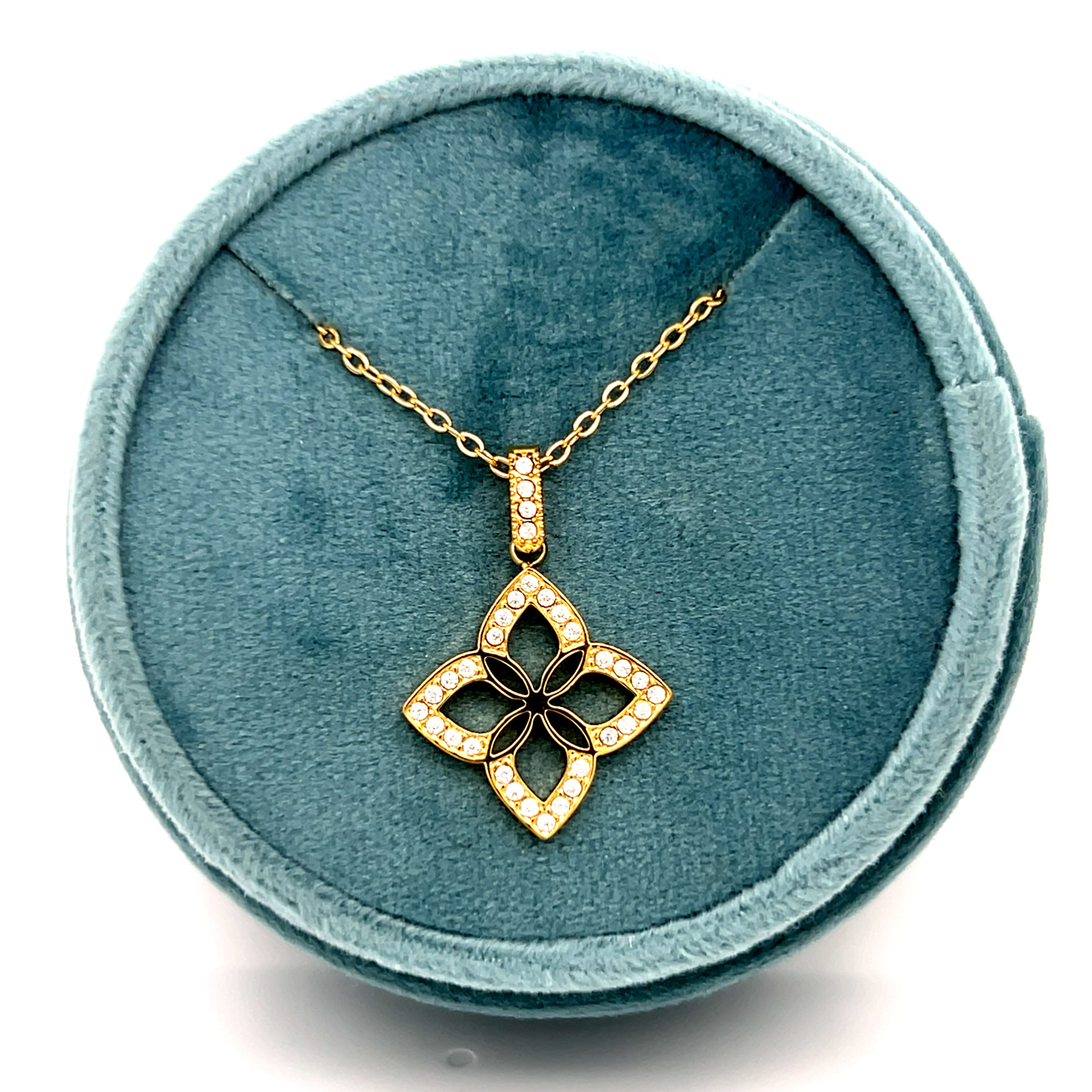 Stainless Steel Gold Plated White Cubic Zirconia Lucky Flower Necklace 16+2"