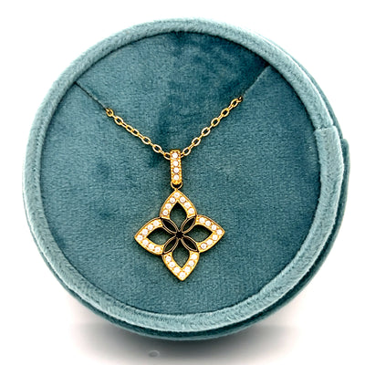 Stainless Steel Gold Plated White Cubic Zirconia Lucky Flower Necklace 16+2"