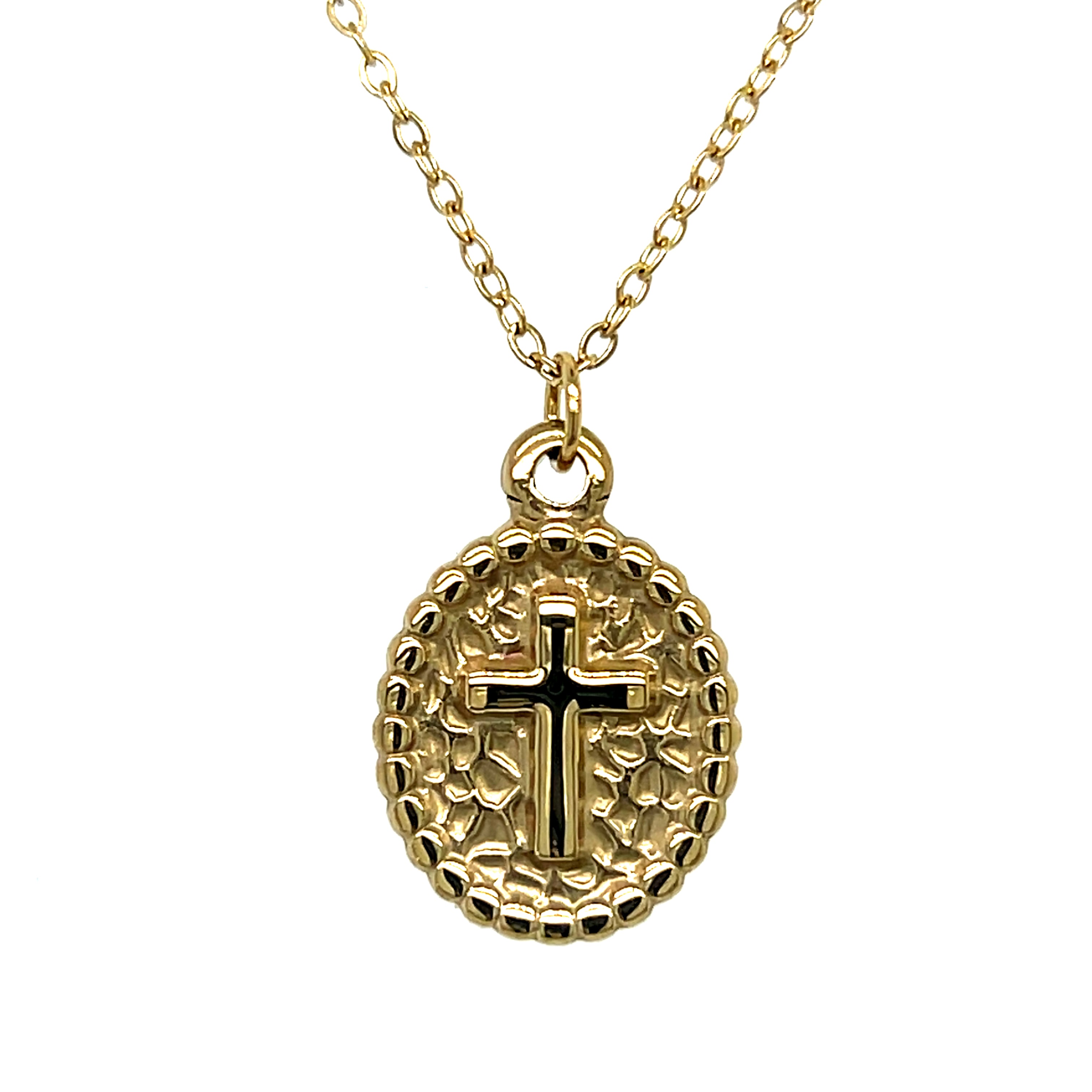 Stainless Steel Gold Plated Centre Cross Oval Necklace 16+2"