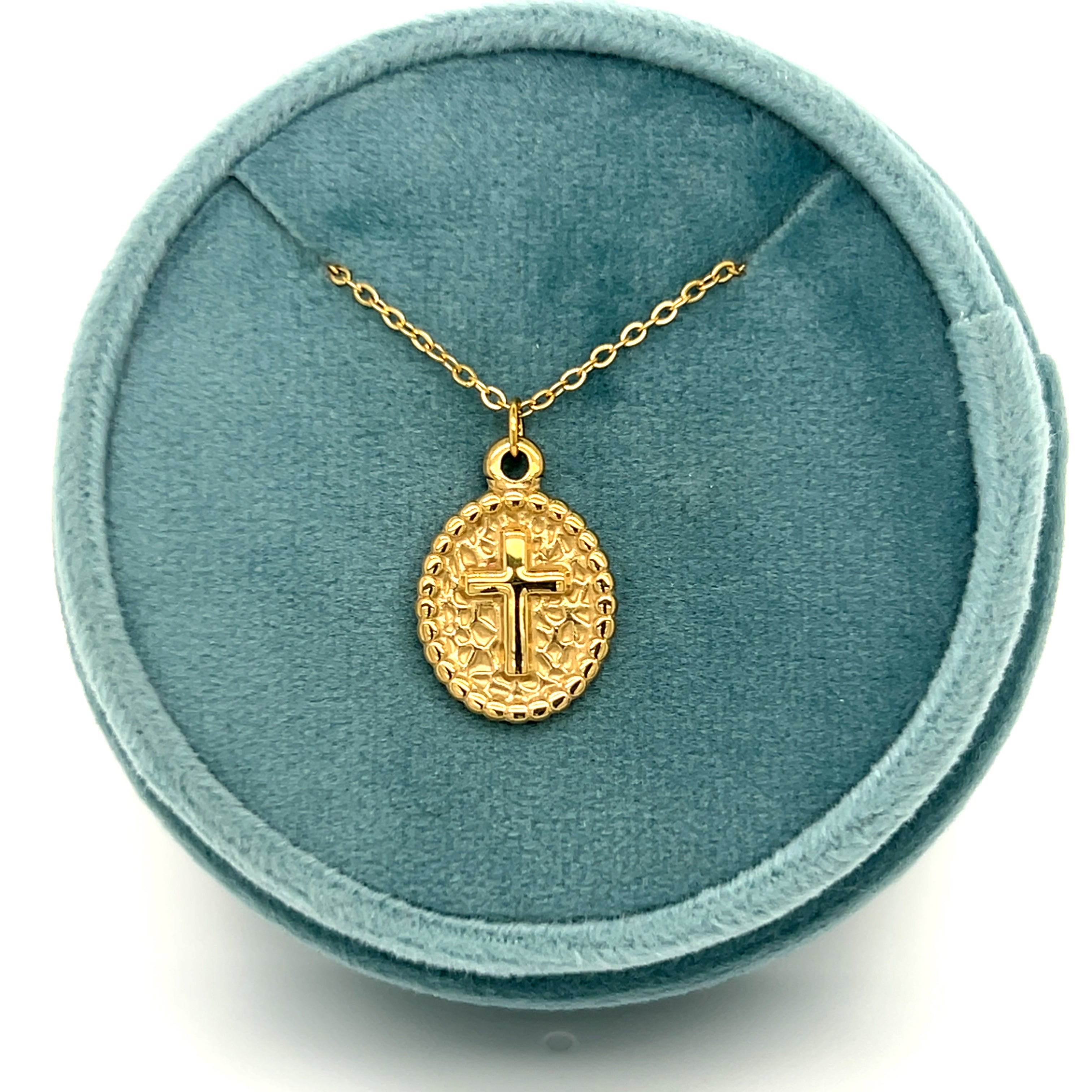 Stainless Steel Gold Plated Centre Cross Oval Necklace 16+2"