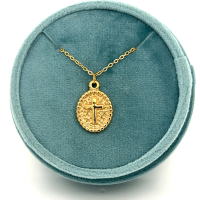 Stainless Steel Gold Plated Centre Cross Oval Necklace 16+2"