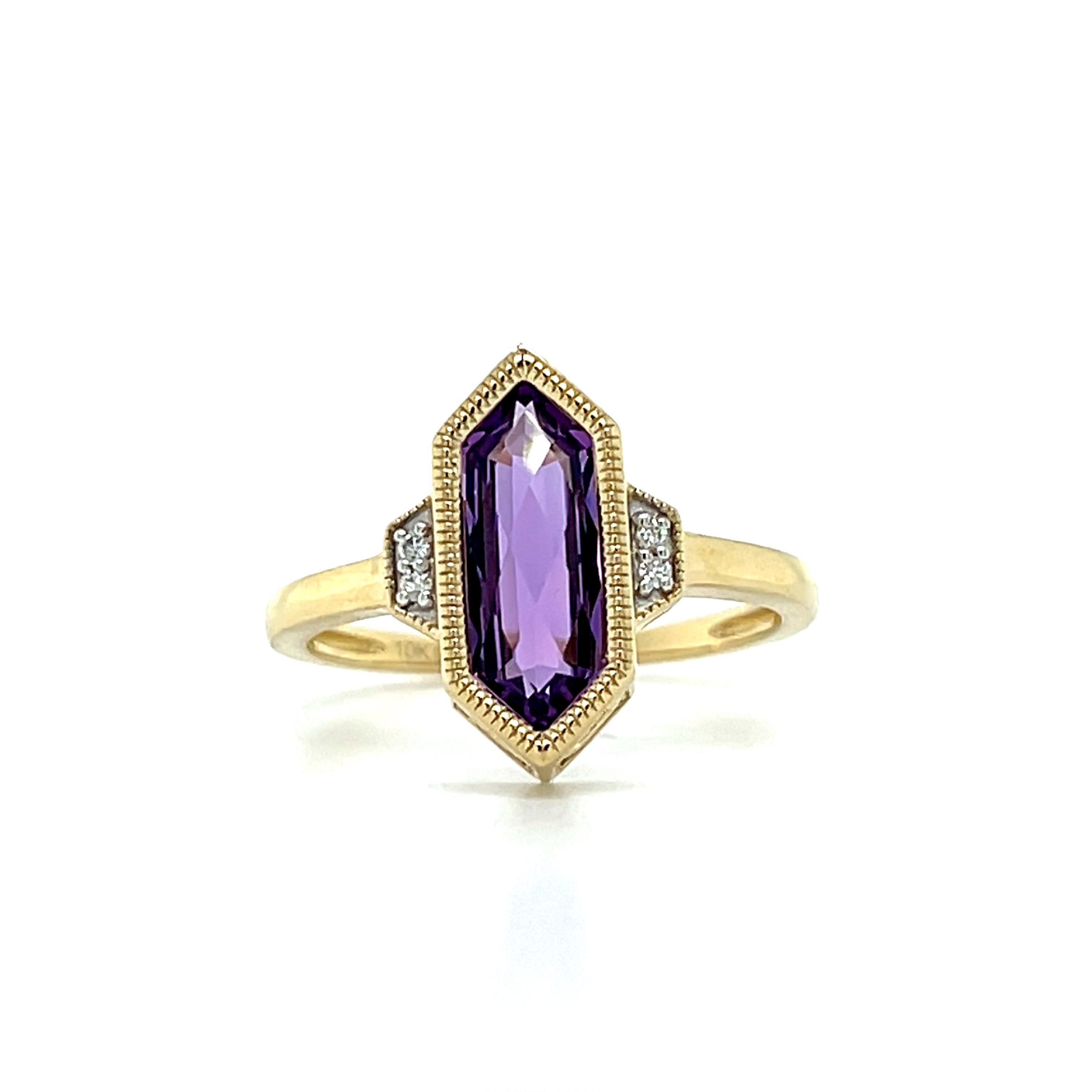 10K Yellow Gold Elongated Hexagon Amethyst and .02 Carat Total Weight Diamond Ring