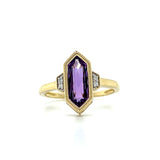 10K Yellow Gold Elongated Hexagon Amethyst and .02 Carat Total Weight Diamond Ring