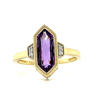 10K Yellow Gold Elongated Hexagon Amethyst and .02 Carat Total Weight Diamond Ring