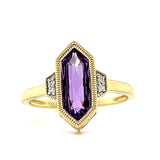 10K Yellow Gold Elongated Hexagon Amethyst and .02 Carat Total Weight Diamond Ring