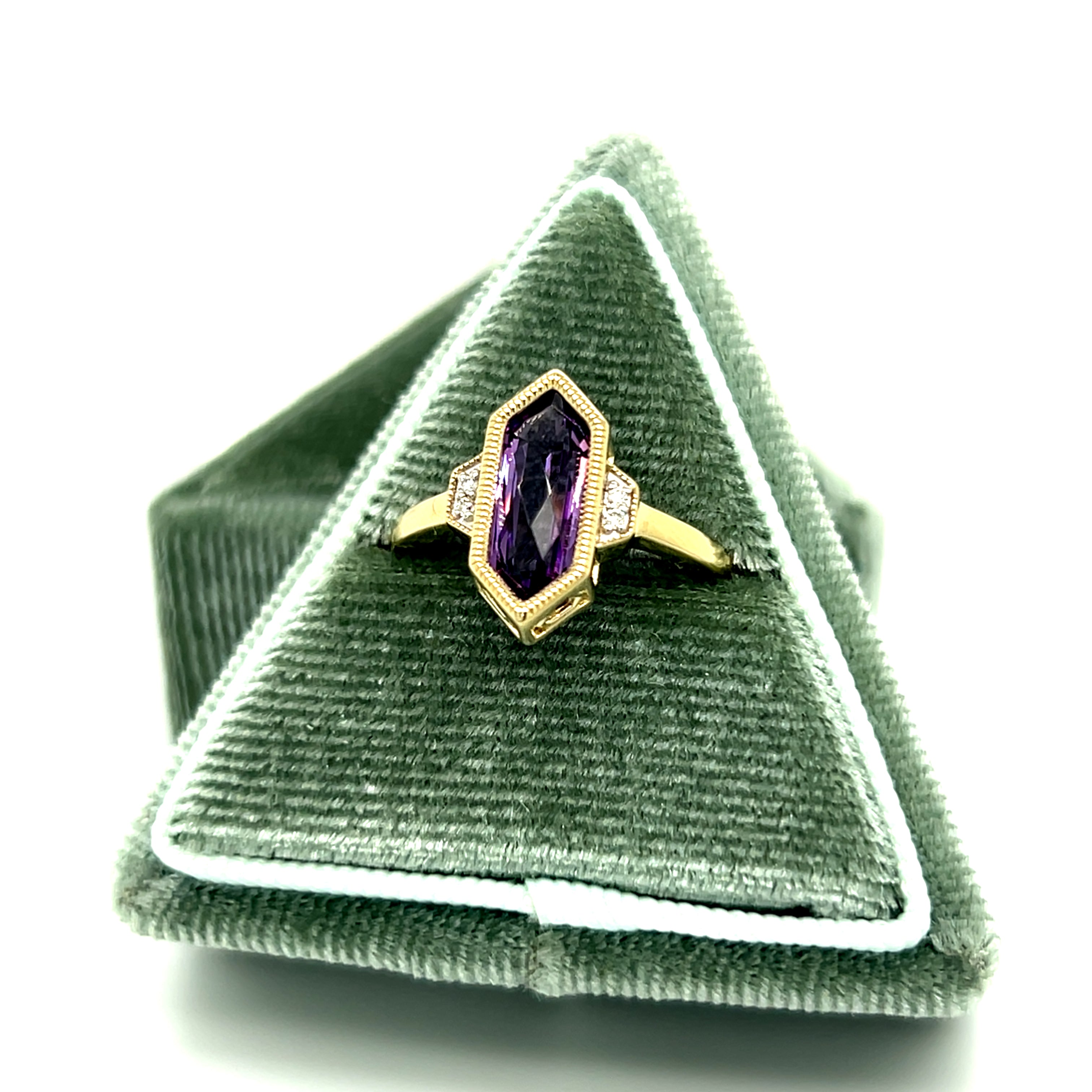 10K Yellow Gold Elongated Hexagon Amethyst and .02 Carat Total Weight Diamond Ring