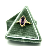 10K Yellow Gold Elongated Hexagon Amethyst and .02 Carat Total Weight Diamond Ring