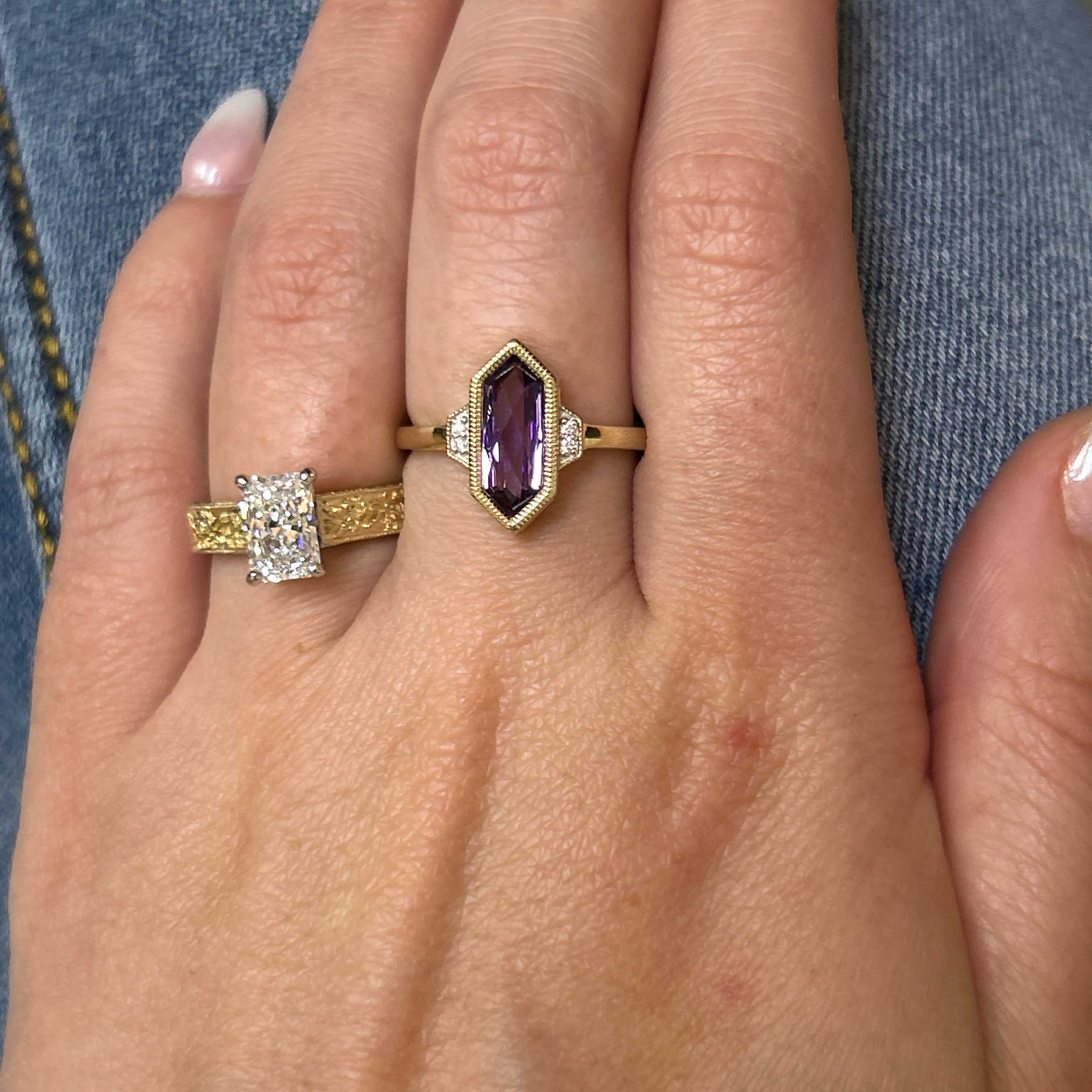 10K Yellow Gold Elongated Hexagon Amethyst and .02 Carat Total Weight Diamond Ring