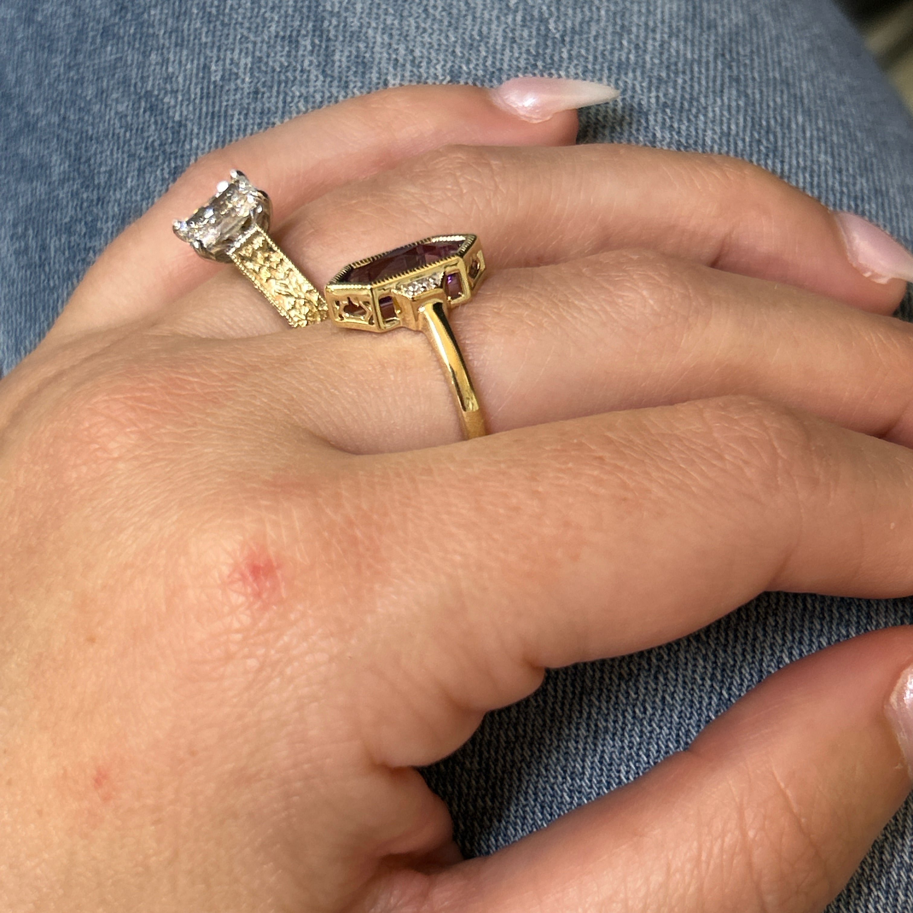 10K Yellow Gold Elongated Hexagon Amethyst and .02 Carat Total Weight Diamond Ring