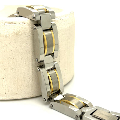 Men’s Stainless Steel Outer Gold-IP Stripe Link Bracelett 12mm
