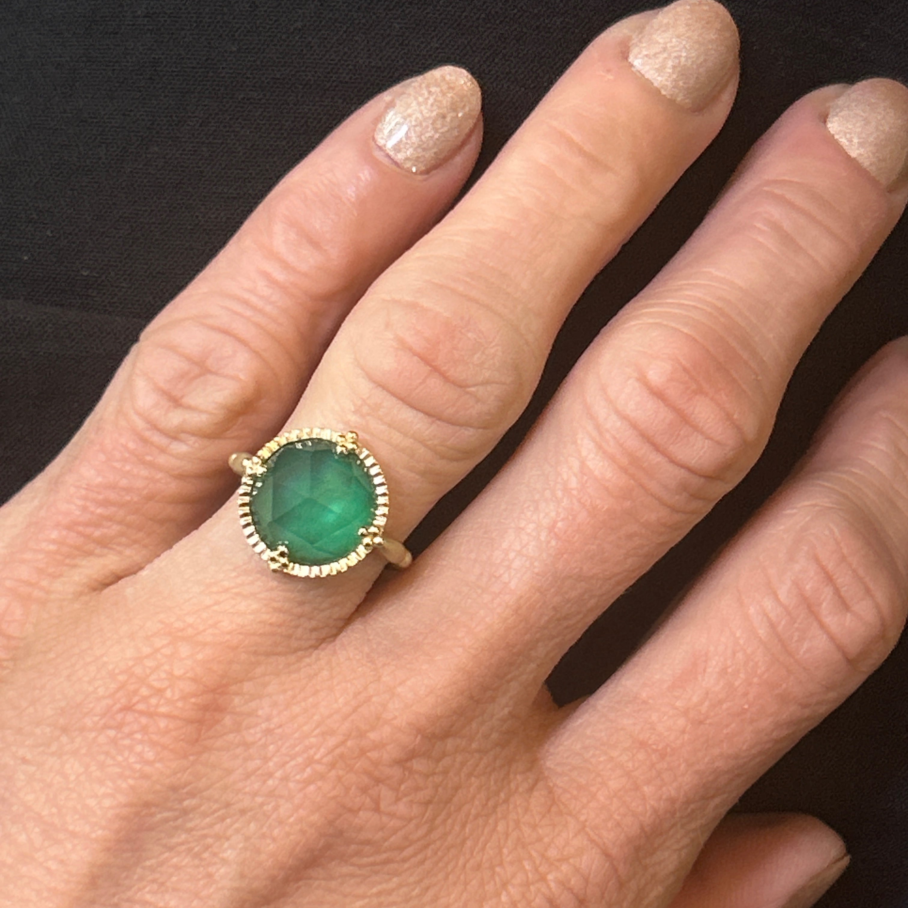 14K Yellow Gold Green Agate Etruscan Ring