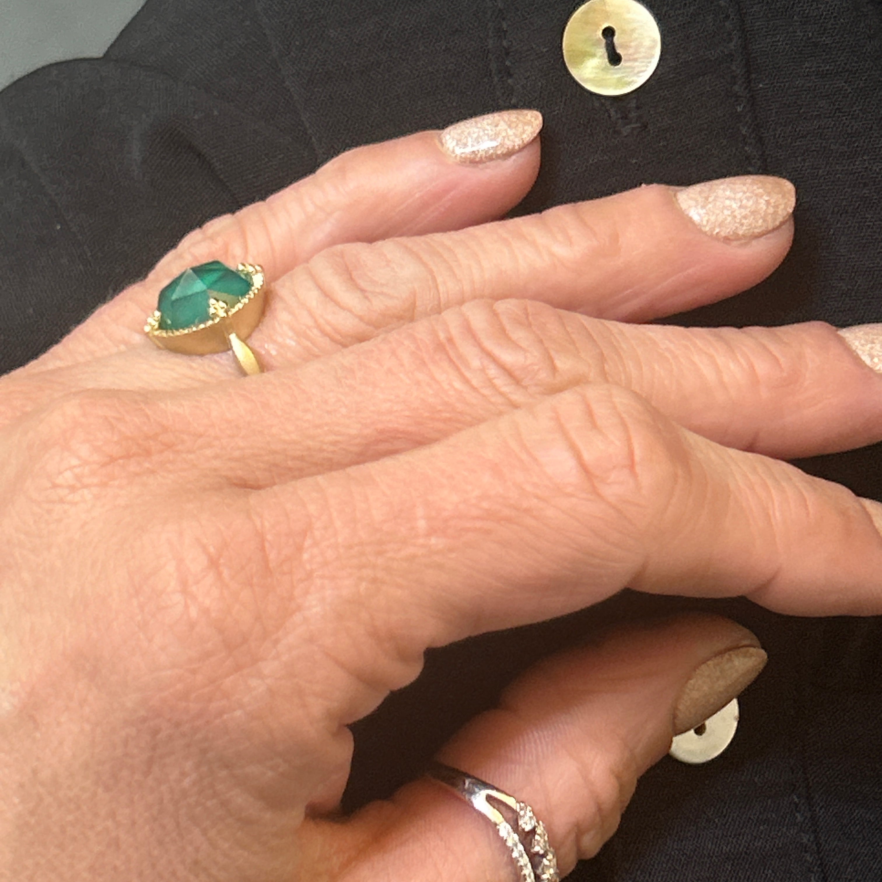 14K Yellow Gold Green Agate Etruscan Ring