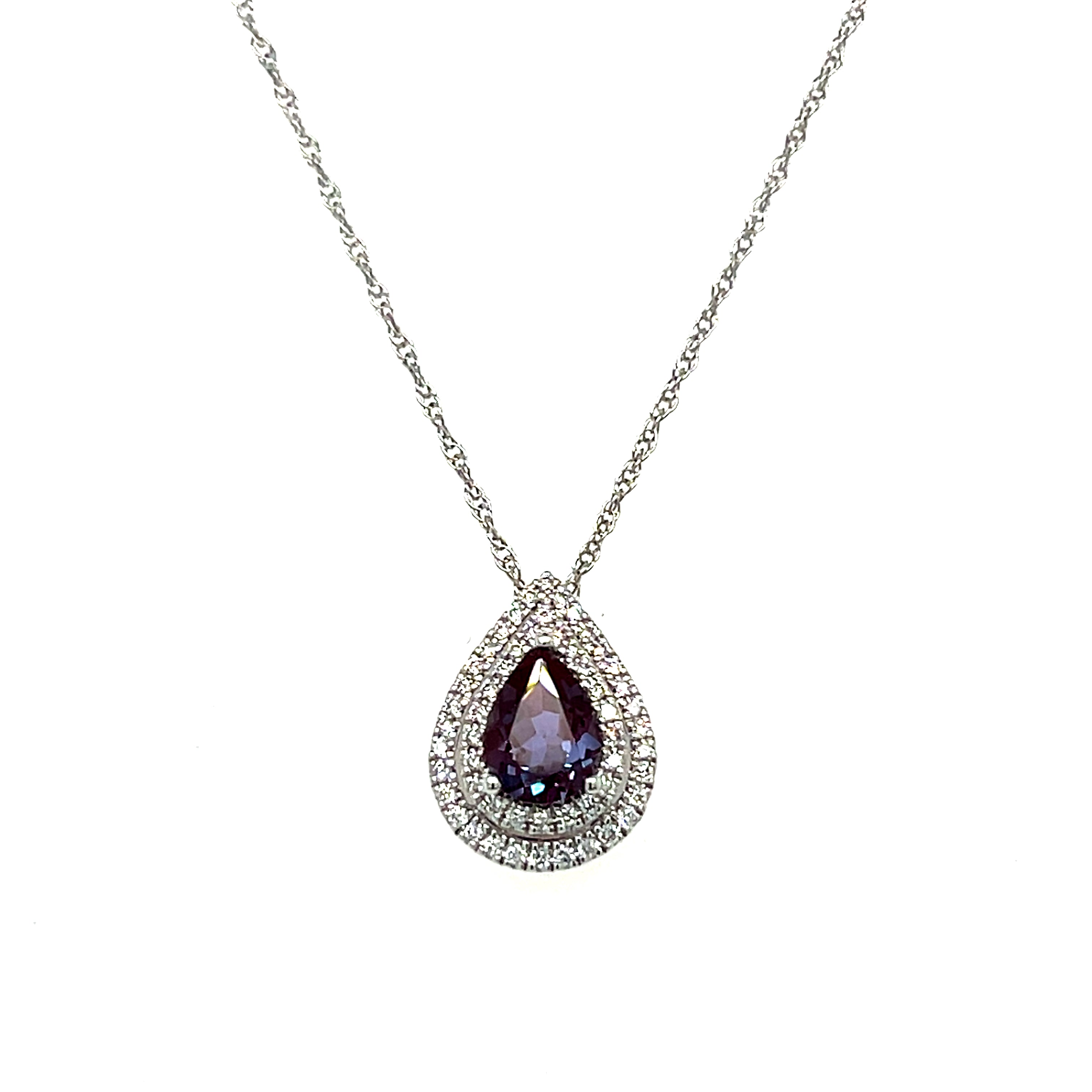 14K White Gold 1.32CT Pear Created Alexandrite and 0.26 Carat Total Weight (54) Diamond Double Halo Pear Pendant Necklace