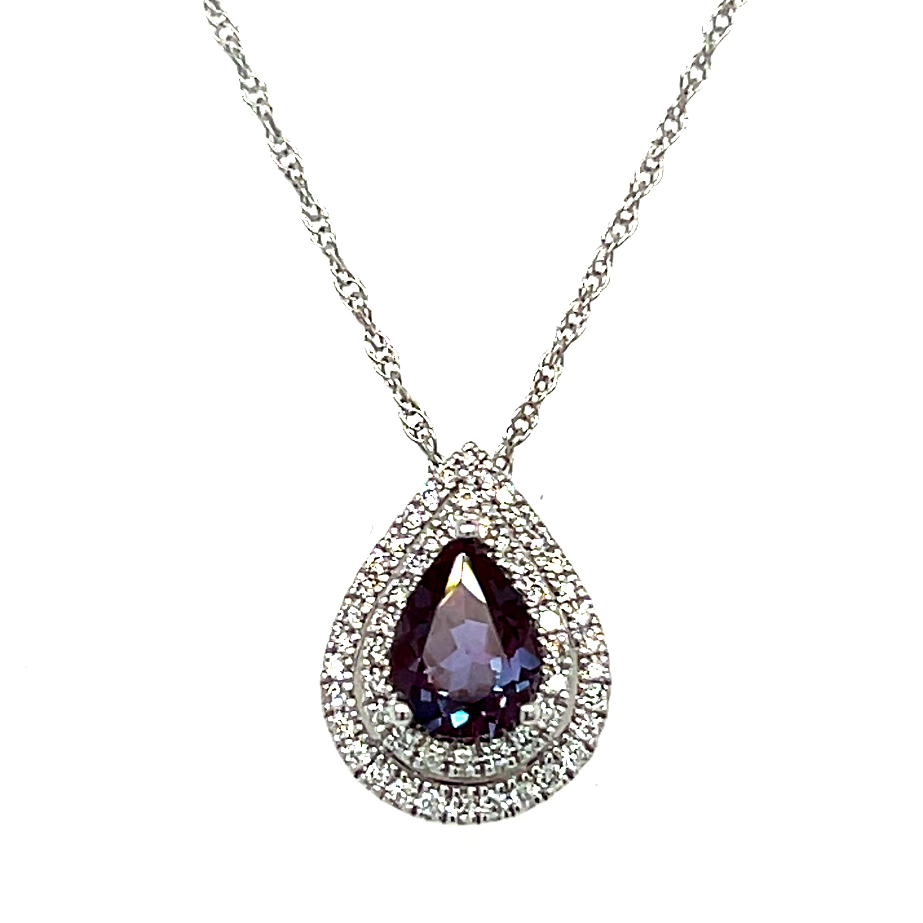 14K White Gold 1.32CT Pear Created Alexandrite and 0.26 Carat Total Weight (54) Diamond Double Halo Pear Pendant Necklace
