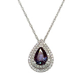 14K White Gold 1.32CT Pear Created Alexandrite and 0.26 Carat Total Weight (54) Diamond Double Halo Pear Pendant Necklace
